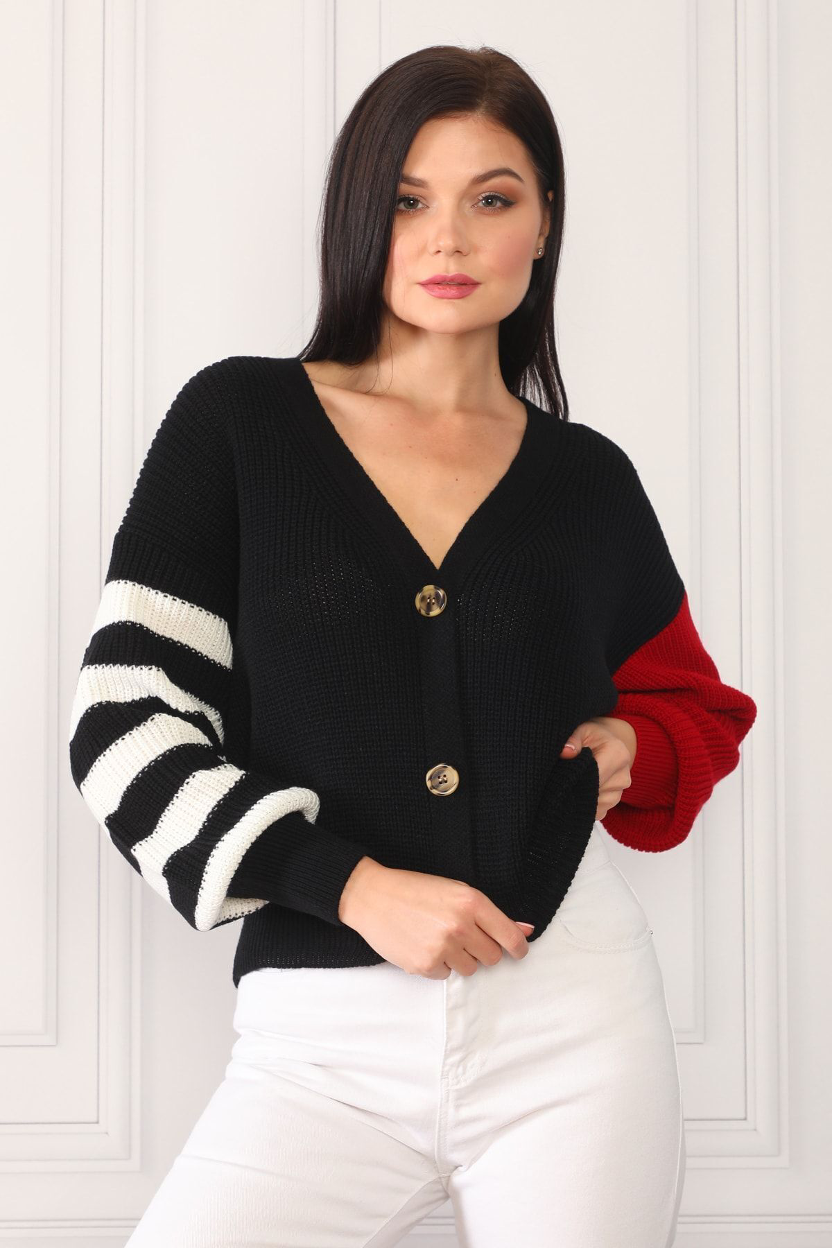 Dreamlike Kadin Siyah Renk Bloklu Trend Model Triko Hirka
