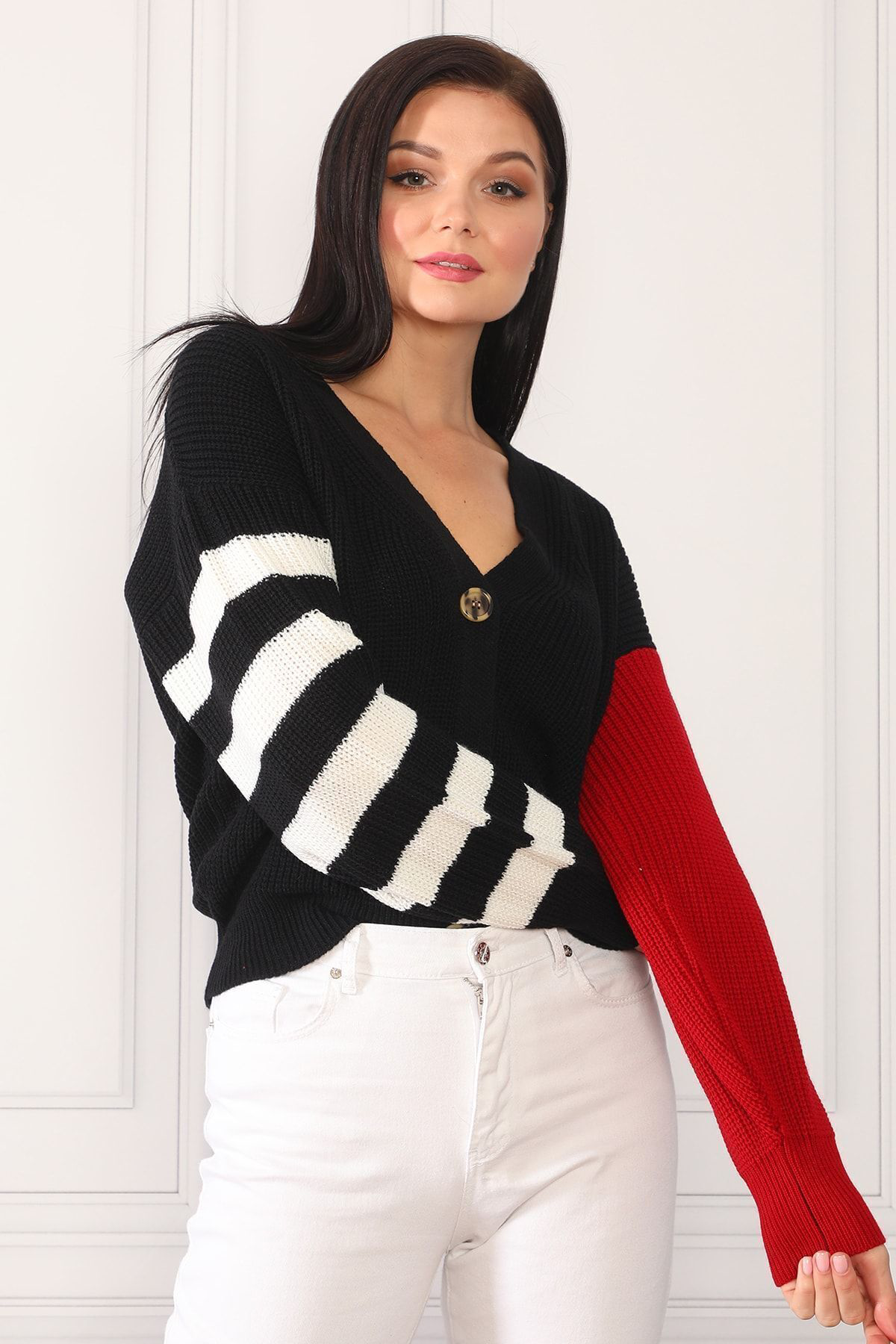 Dreamlike Kadin Siyah Renk Bloklu Trend Model Triko Hirka