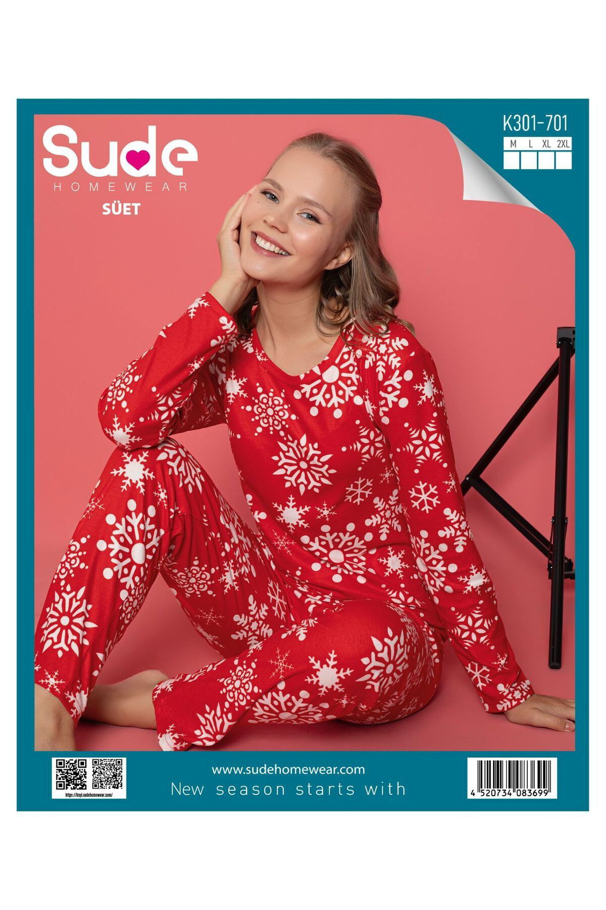 Sude Kadin Süet Uzun Kollu Yilbaşi Desenli Pijama Takimi