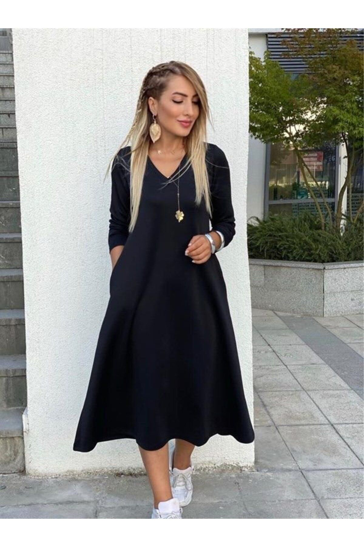 Kadın Uzun Kollu V Yakalı Yanlardan Yırtmaçlı Viskon Iki Iplik Mi