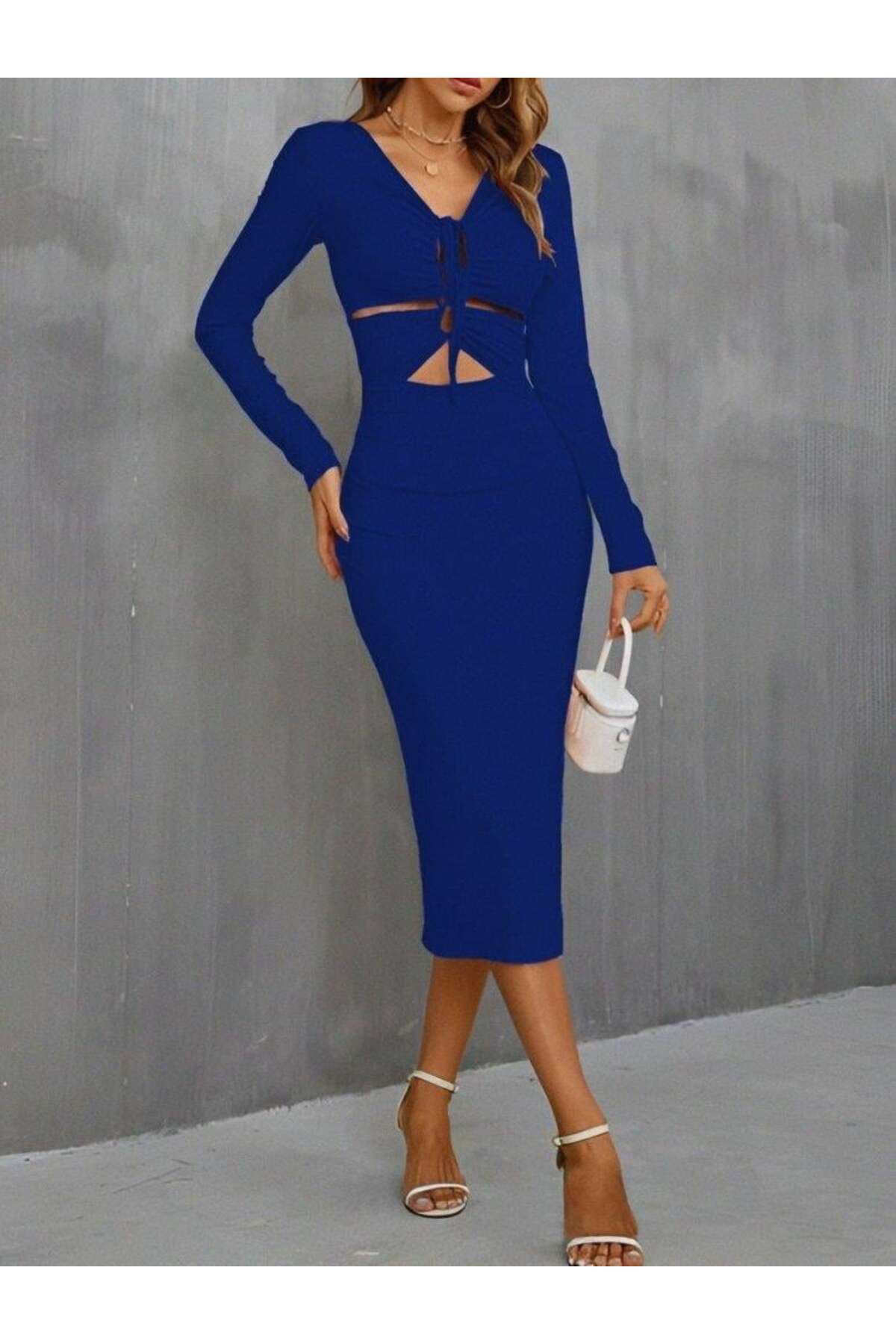 Veronika Kadin Uzun Kollu Göğüs Ve Göbek Dekolte Detay Sandy Midi Boy Elbi