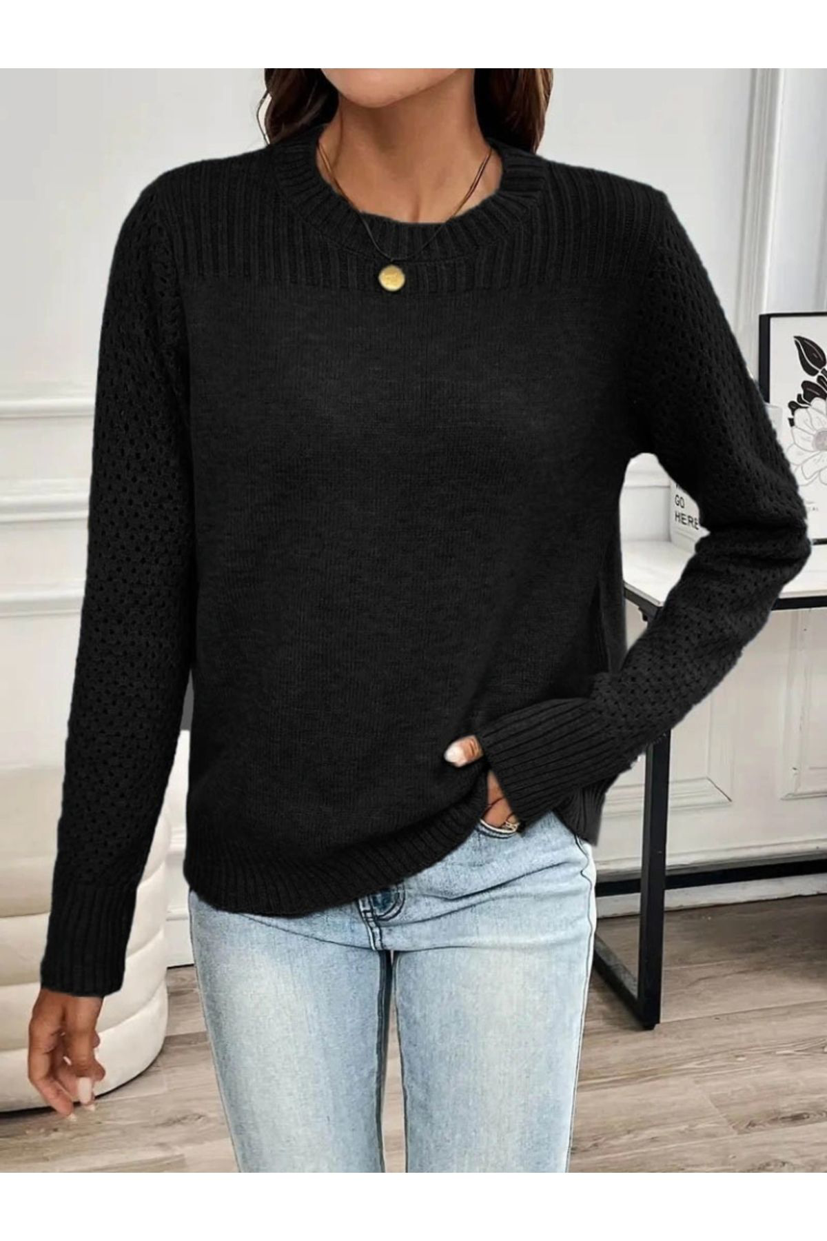 Butik Kadin Uzun Kollu Bisiklet Yaka Triko Bluz