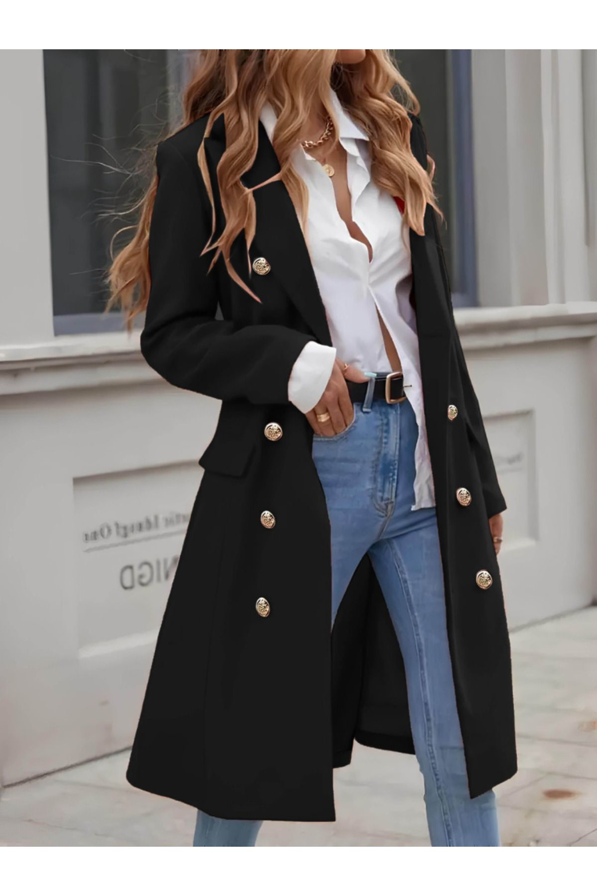 Trendusfashion Kadin Uzun Kollu Yakali Önden Düğmeli Midi Kaşe Kaban