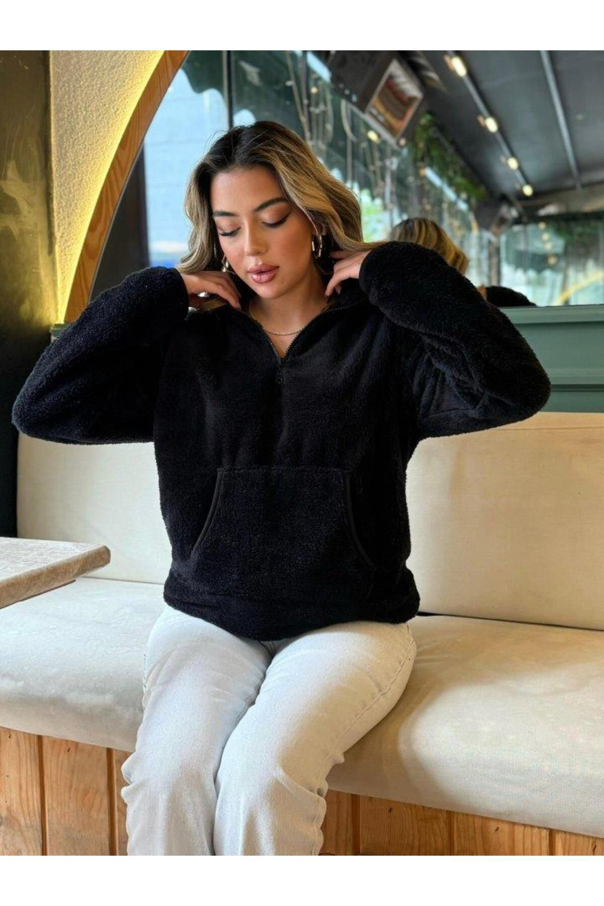 Creis Kadin Uzun Kollu Önden Fermuarli Cepli Peluş Sweat