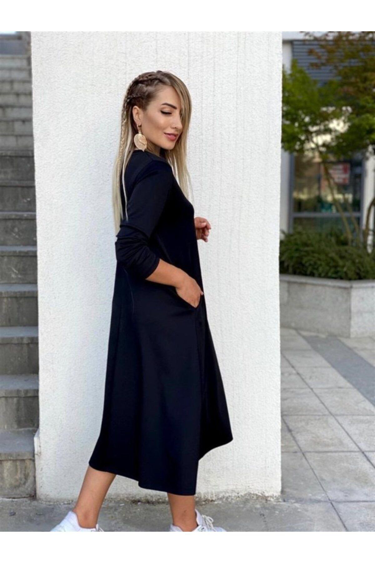 Kadın Uzun Kollu V Yakalı Yanlardan Yırtmaçlı Viskon Iki Iplik Mi
