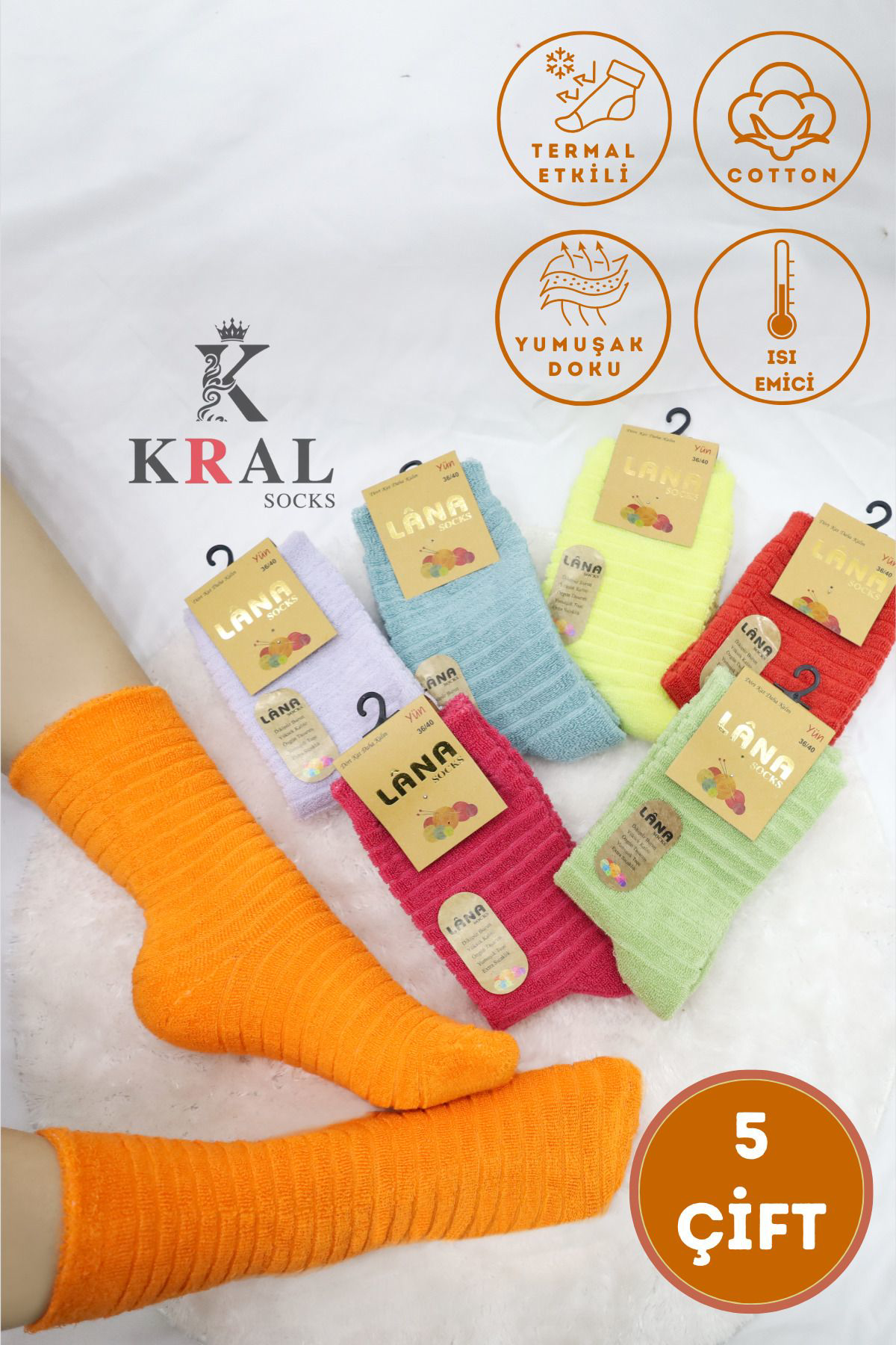 Kral Socks Kadin Uzun Ters Havlu 5 Çift Termal Etkili Kişlik Çorap Seti