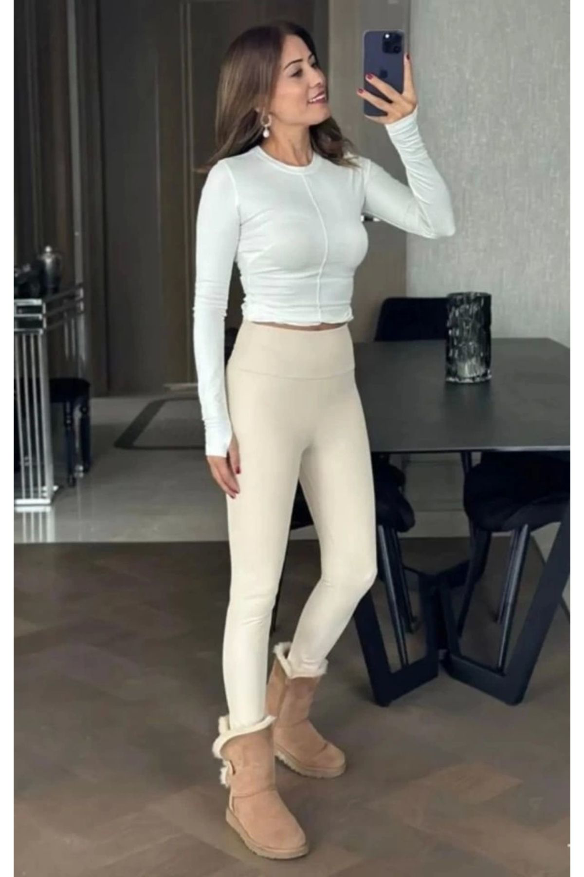 Kadın Yüksek Bel Şardonlu Full Likralı Mat Deri Tayt