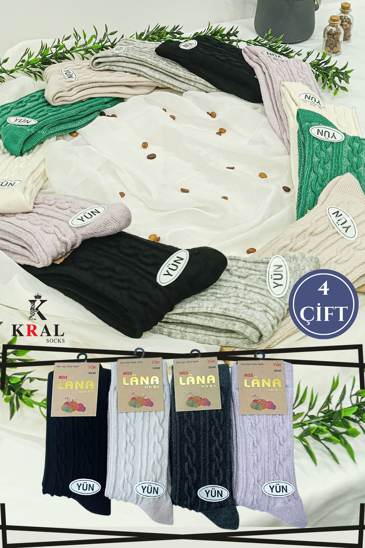 Kral Socks Kadin Yün Çorap (4 Çift) Kişlik  Termal Etkili Soft Yünlü Doku