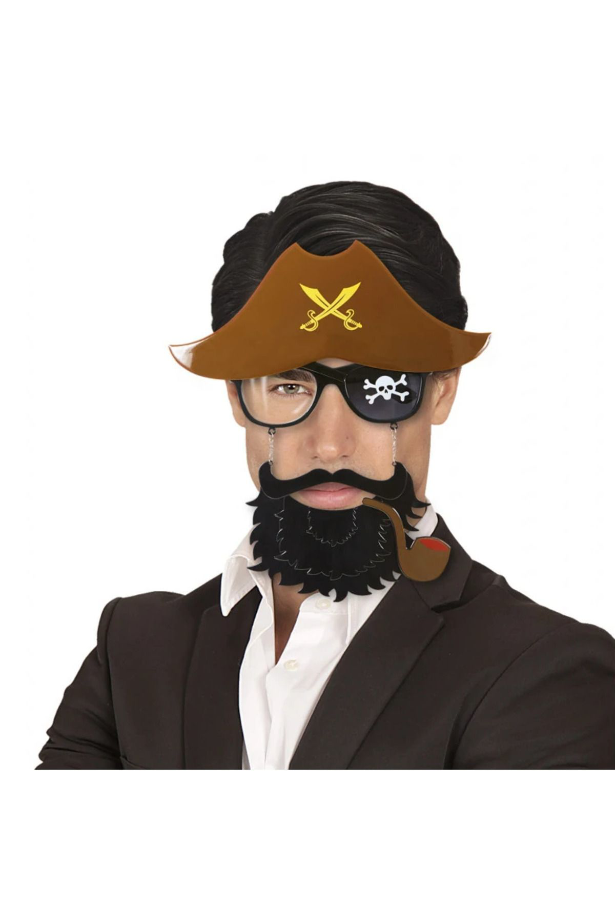 Ok Aksesuar Kahve Renk Şapkali Siyah Sakalli Pipolu Jack Sparrow Denizci Kors