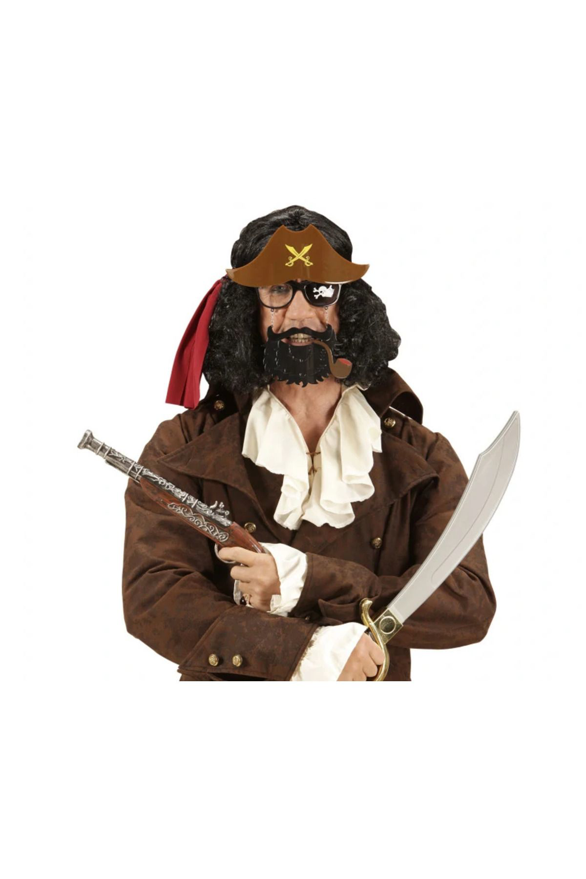 Ok Aksesuar Kahve Renk Şapkali Siyah Sakalli Pipolu Jack Sparrow Denizci Kors