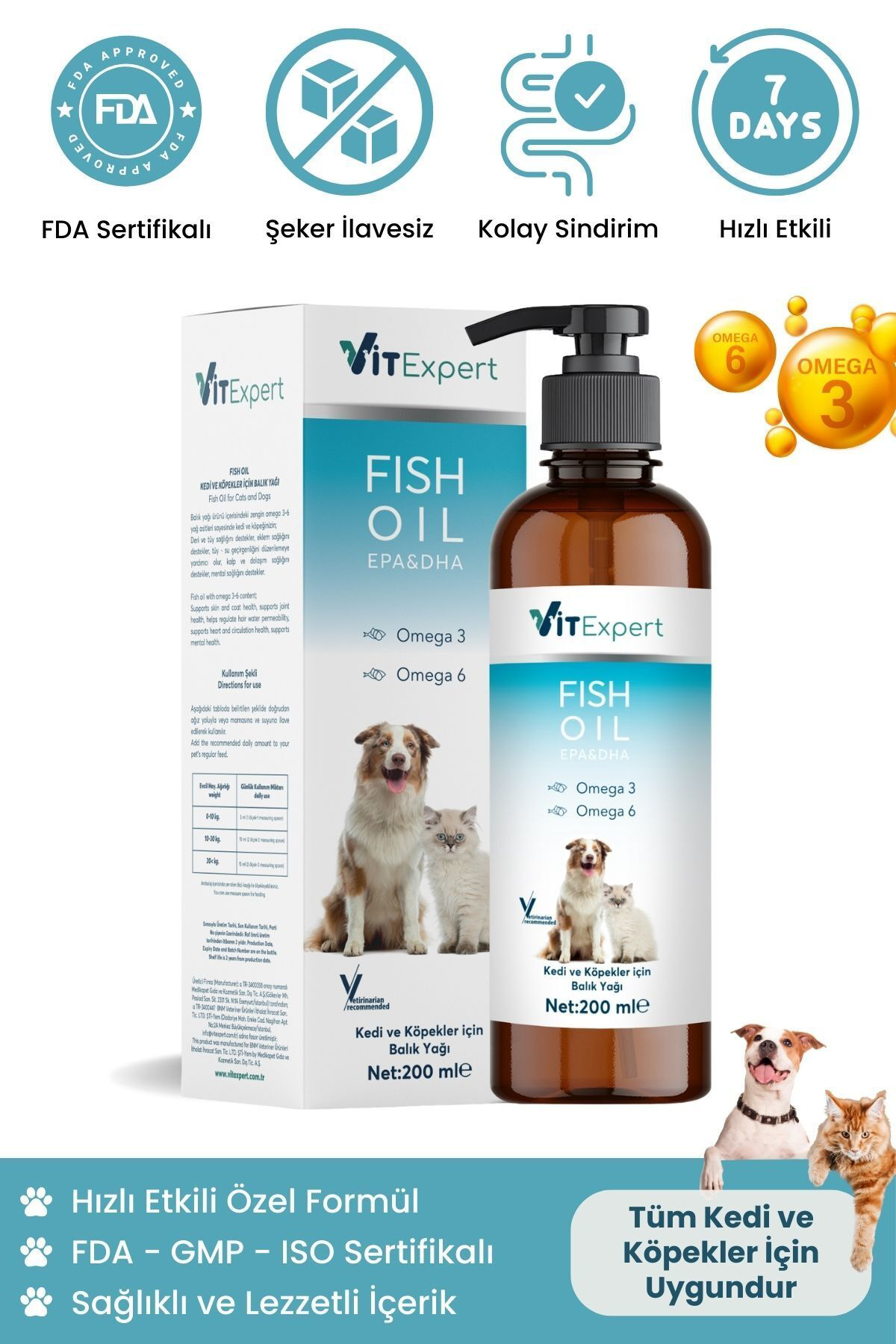 Vitexpert Kedi Ve Köpekler İçin Premium Fish Oil 200 Ml Omega 3 6 İçerikli 