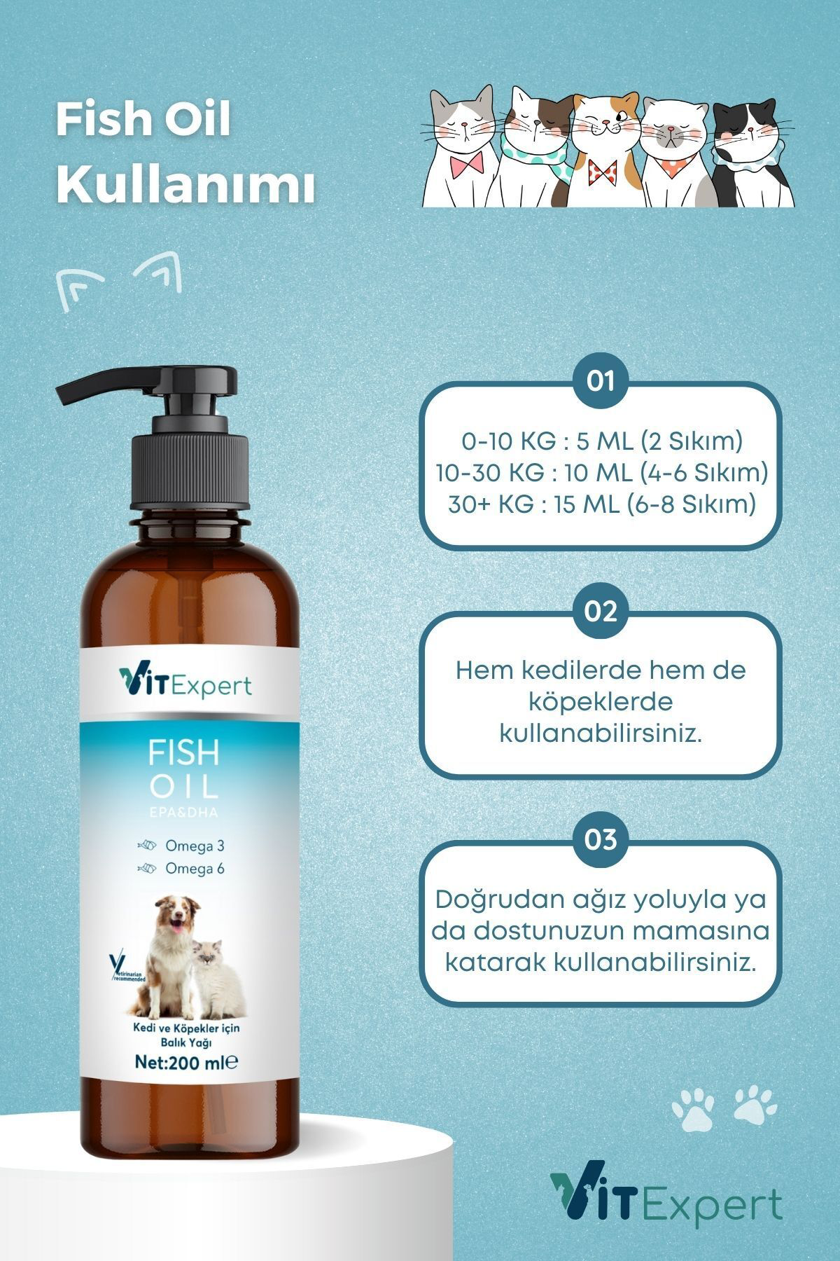 Vitexpert Kedi Ve Köpekler İçin Premium Fish Oil 200 Ml Omega 3 6 İçerikli 
