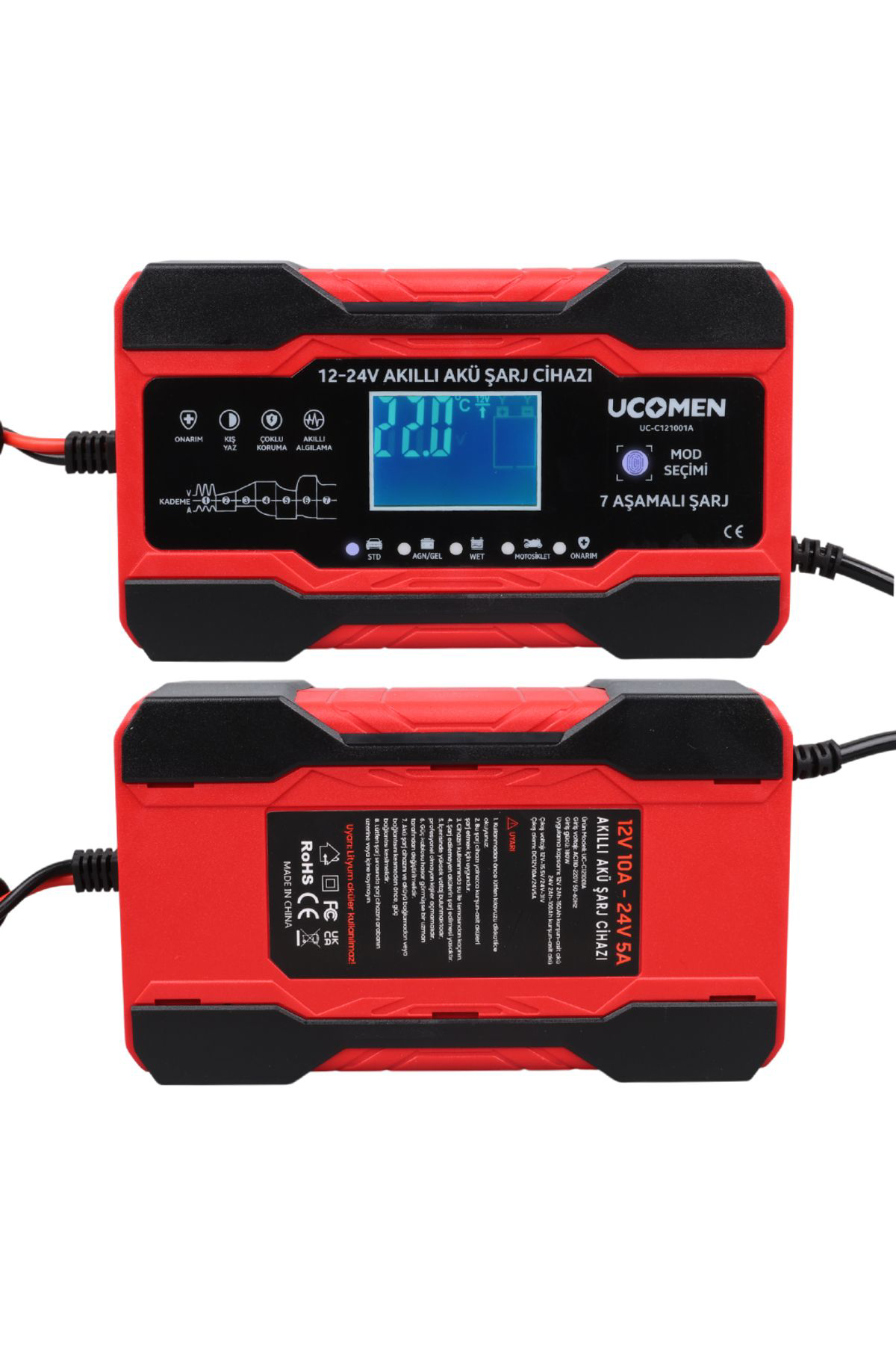 Ok Aksesuar Kirmizi 12/24 Volt 10 Amper Led Göstergeli Akü Şarj Cihazi Uc-C12