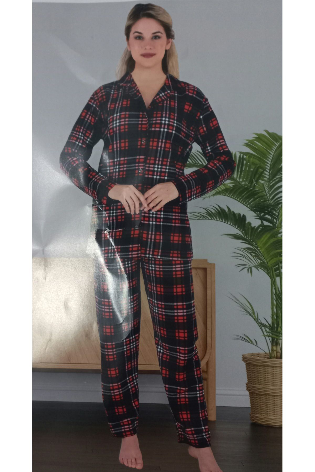 Mimoza Kirmizi Kareli Pijama Takimi 1425