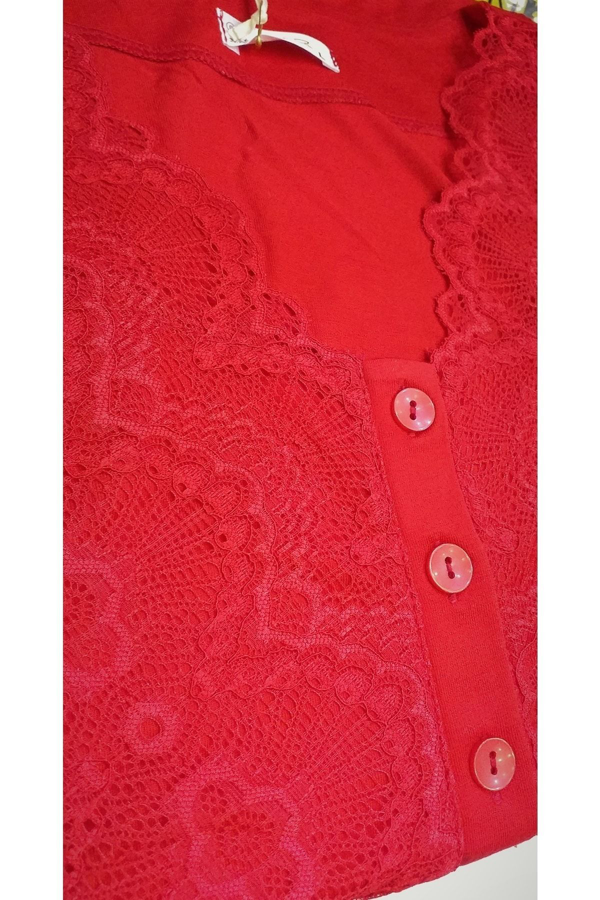 Flz Kisa Kol Dantelli Hamile Pijama Takimi Kirmizi