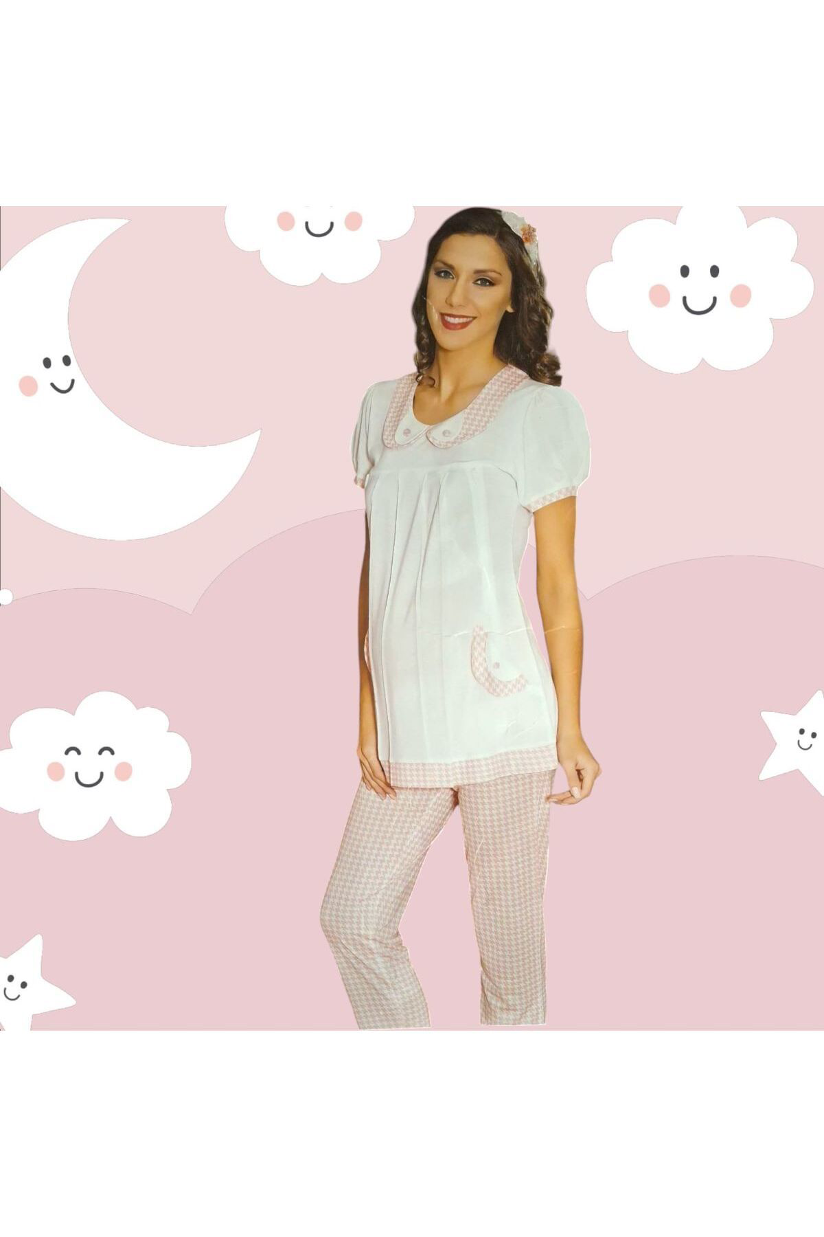 Flz Kisa Kol Hamile Pijama Takimi Ekru