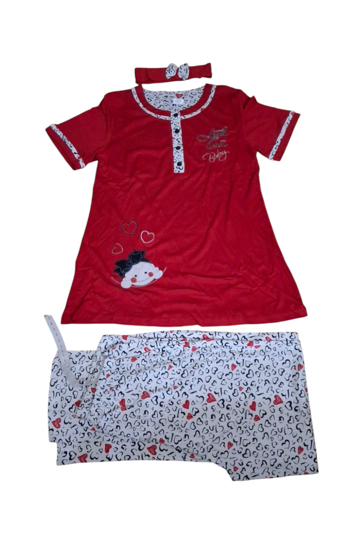 Flz Kisa Kol Pamuk-Modal Hamile Pijama Takimi Kirmizi