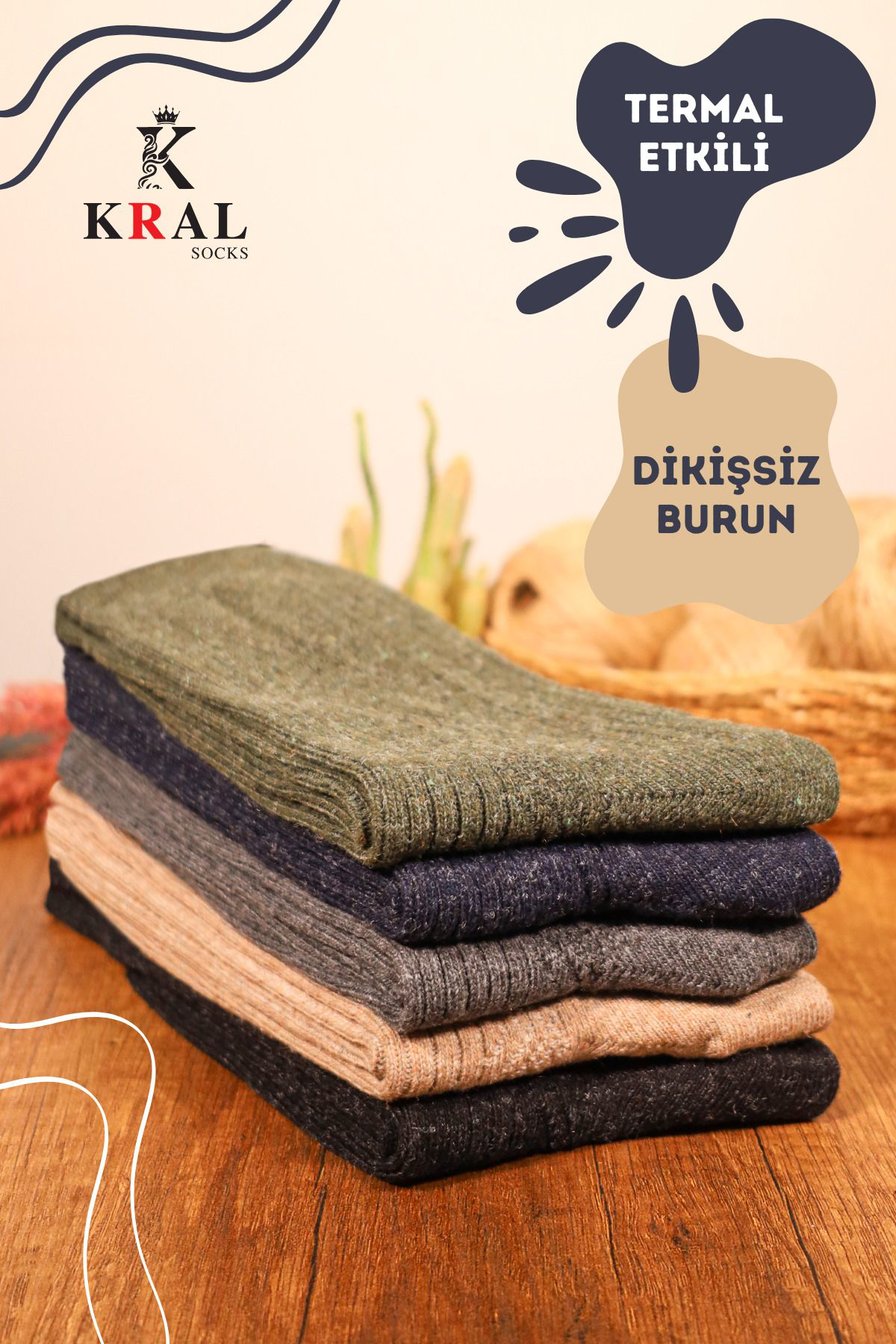 Kral Socks Kişlik Yün Termal Erkek Çorap 5'Li Set Dikişsiz Lambswool
