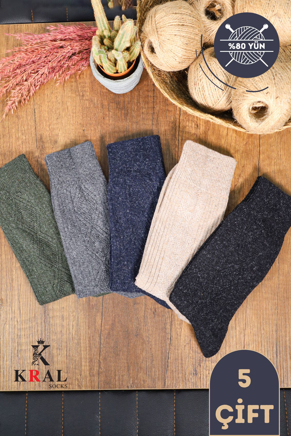 Kral Socks Kişlik Yün Termal Erkek Çorap 5'Li Set Dikişsiz Lambswool