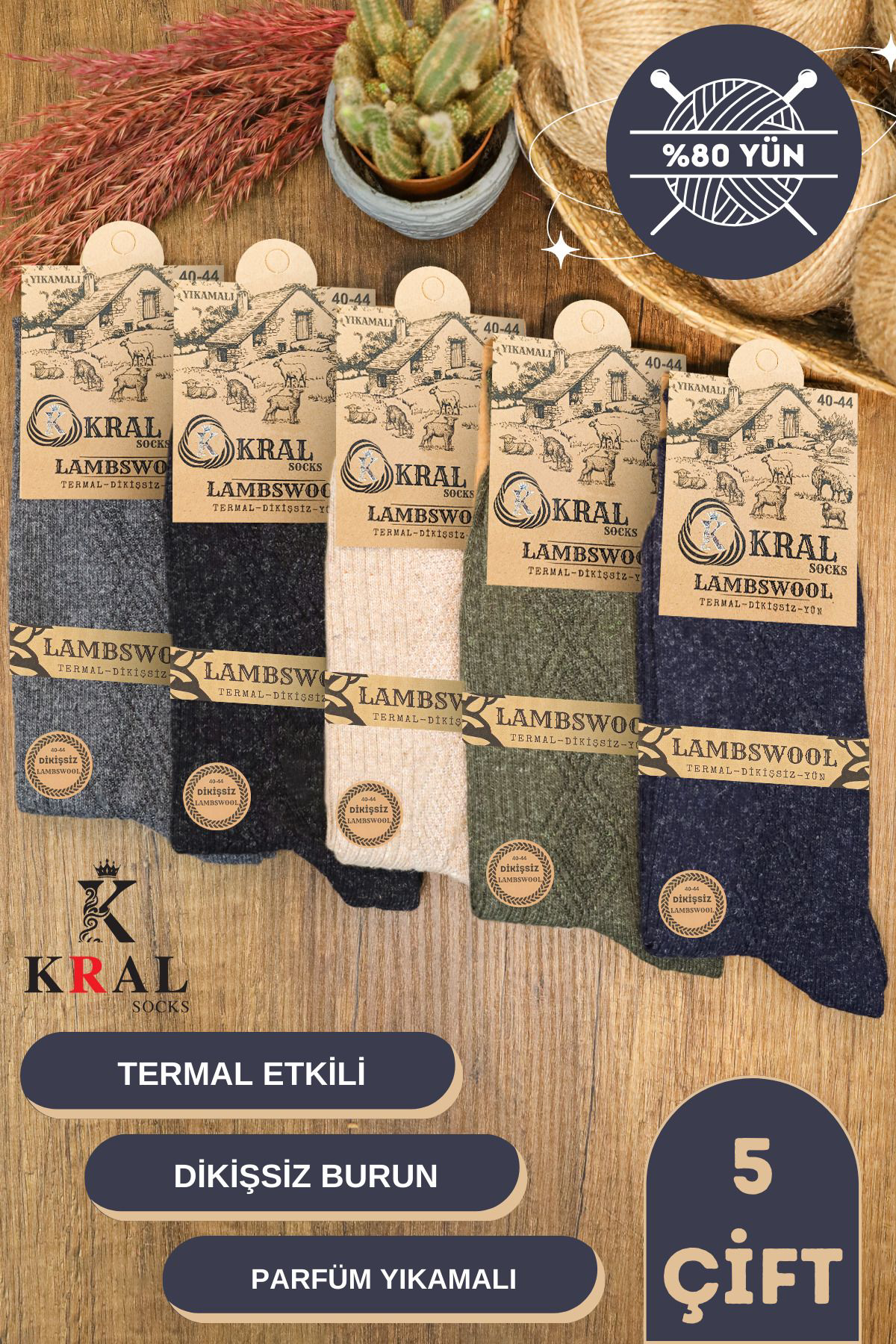 Kral Socks Kişlik Yün Termal Erkek Çorap 5'Li Set Dikişsiz Lambswool