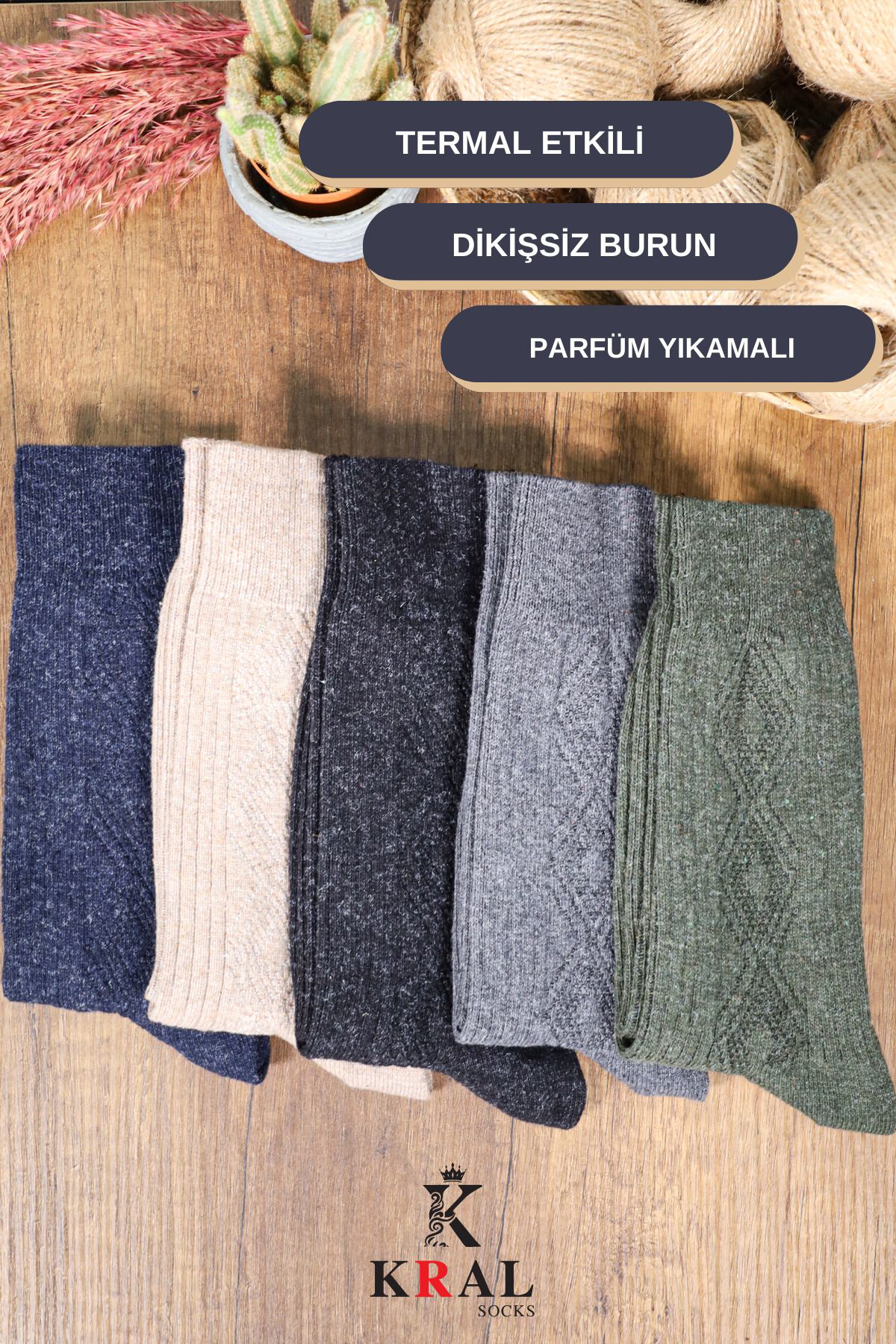 Kral Socks Kişlik Yün Termal Erkek Çorap 5'Li Set Dikişsiz Lambswool