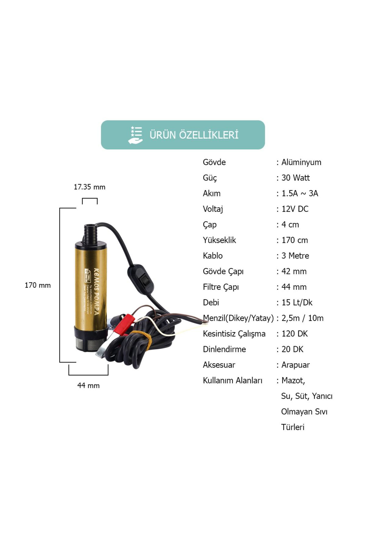 Kemos Kizilirmak 12 Volt Alüminyum Dalgiç Tipi Sivi Aktarma Pompasi (Fi