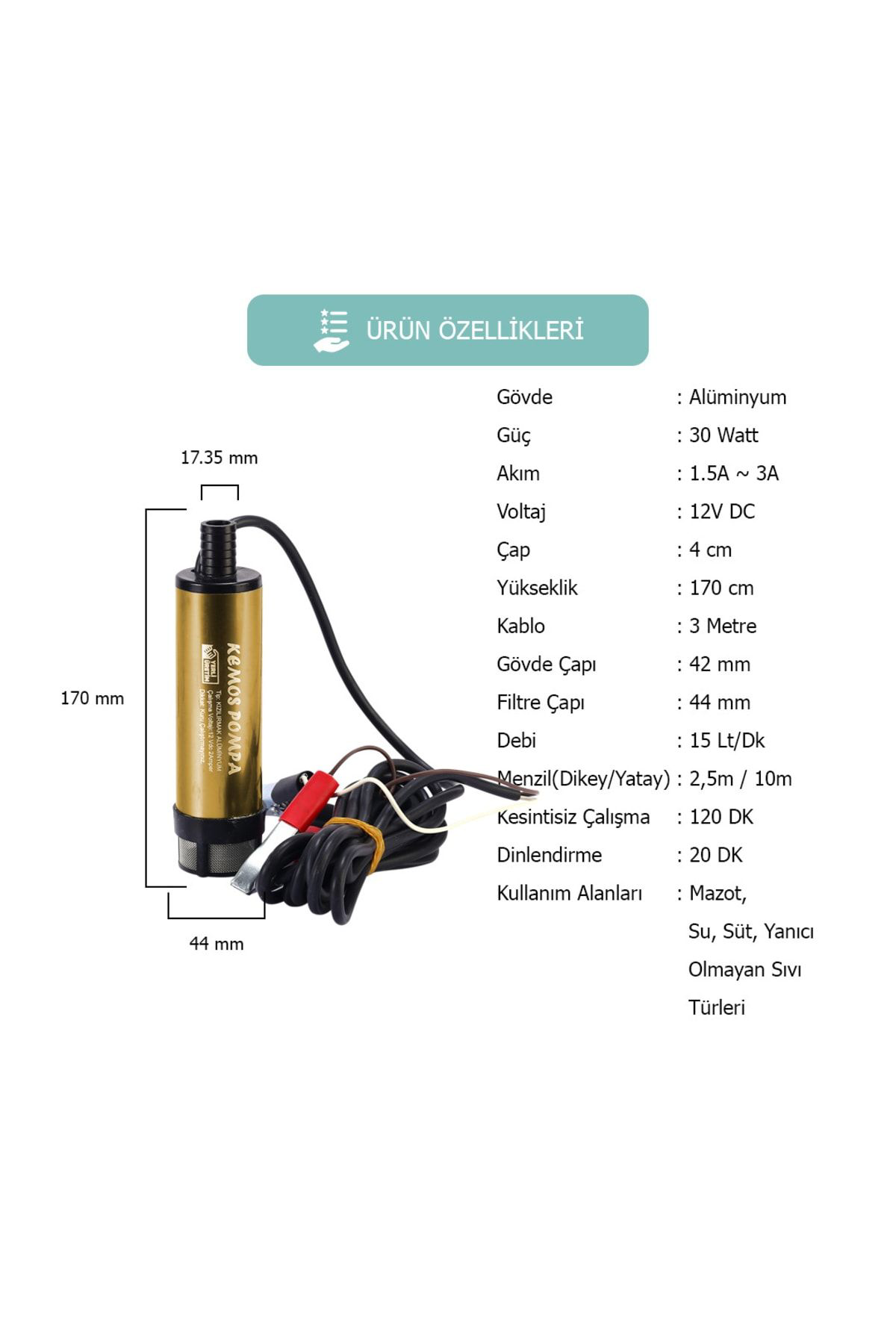 Kemos Kizilirmak 12 Volt Alüminyum Dalgiç Tipi Sivi Aktarma Pompasi (Fi