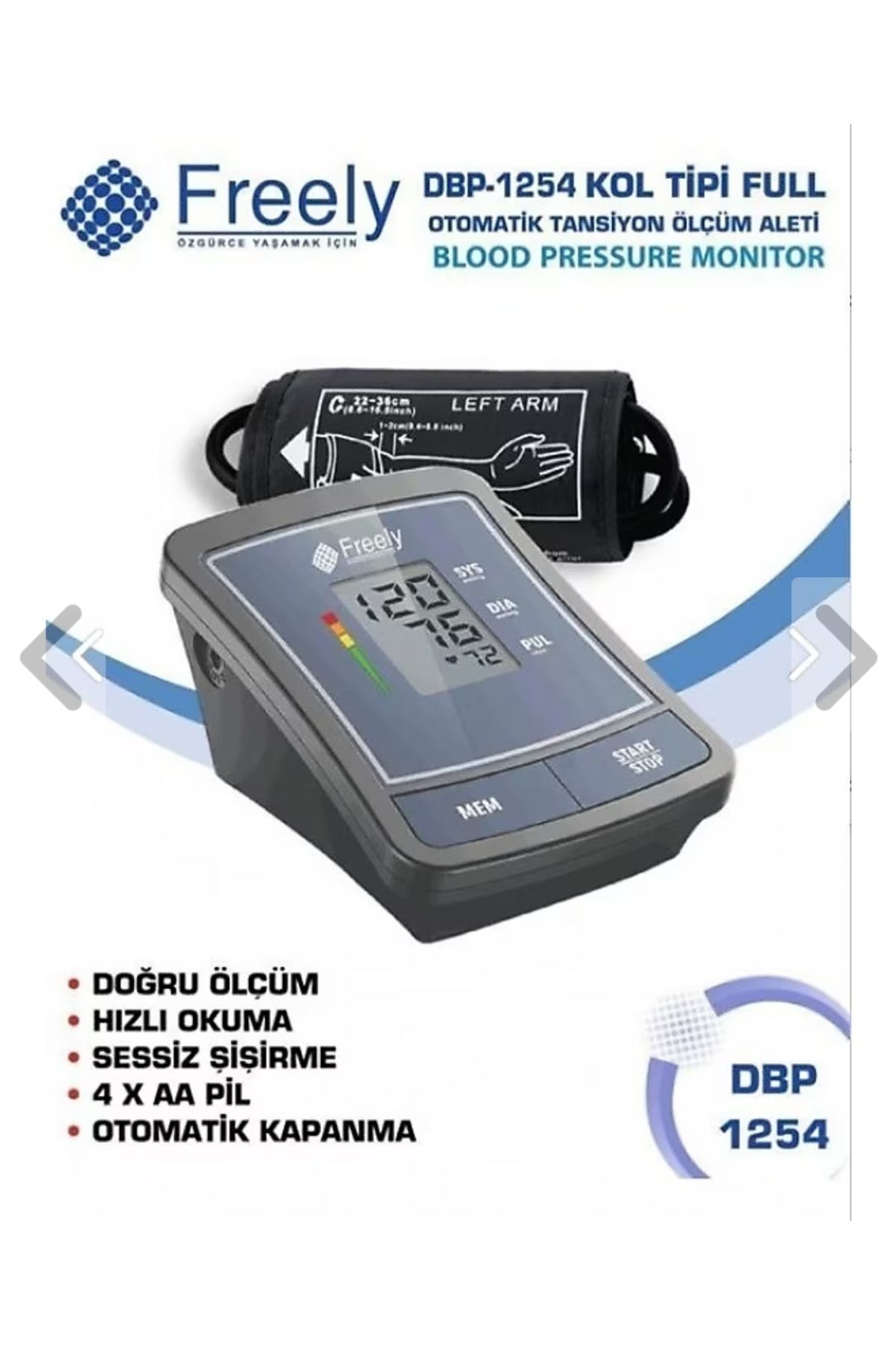 Freely Kol Dijital Kol Tipi Tansiyon Ölçüm Aleti Dbp-1254 Pilli Dijital