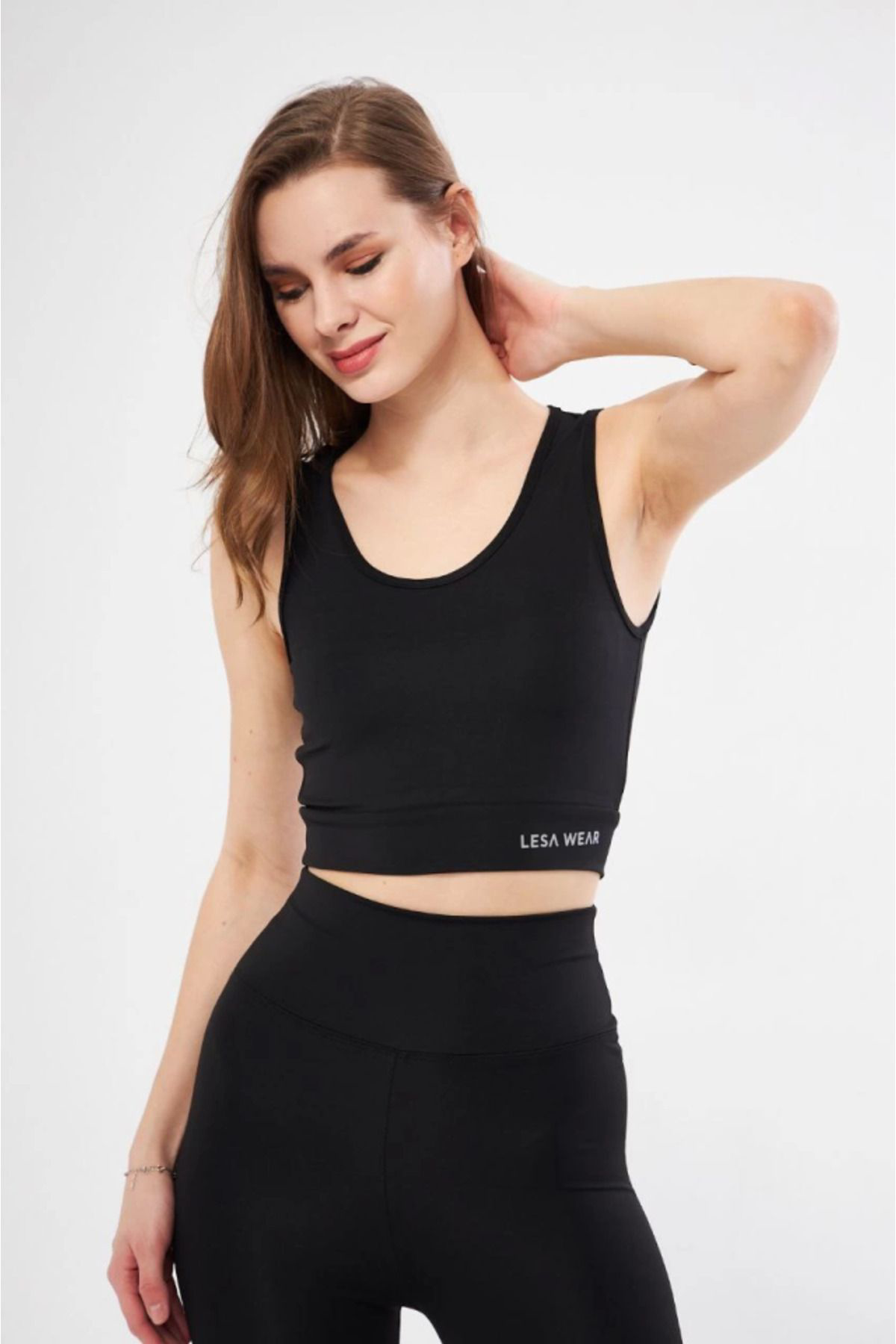 Toetips Kolsuz Sporcu Baskili Crop - Siyah