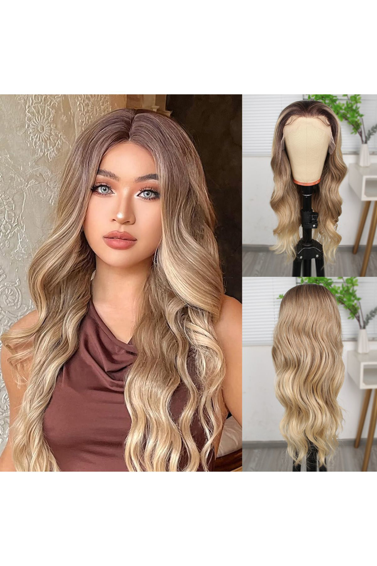 Fantaziatölyesi Kumral Dore Sari Ombre Ve Röfleli Fiber Sentetik Geniş Dalgali Tü