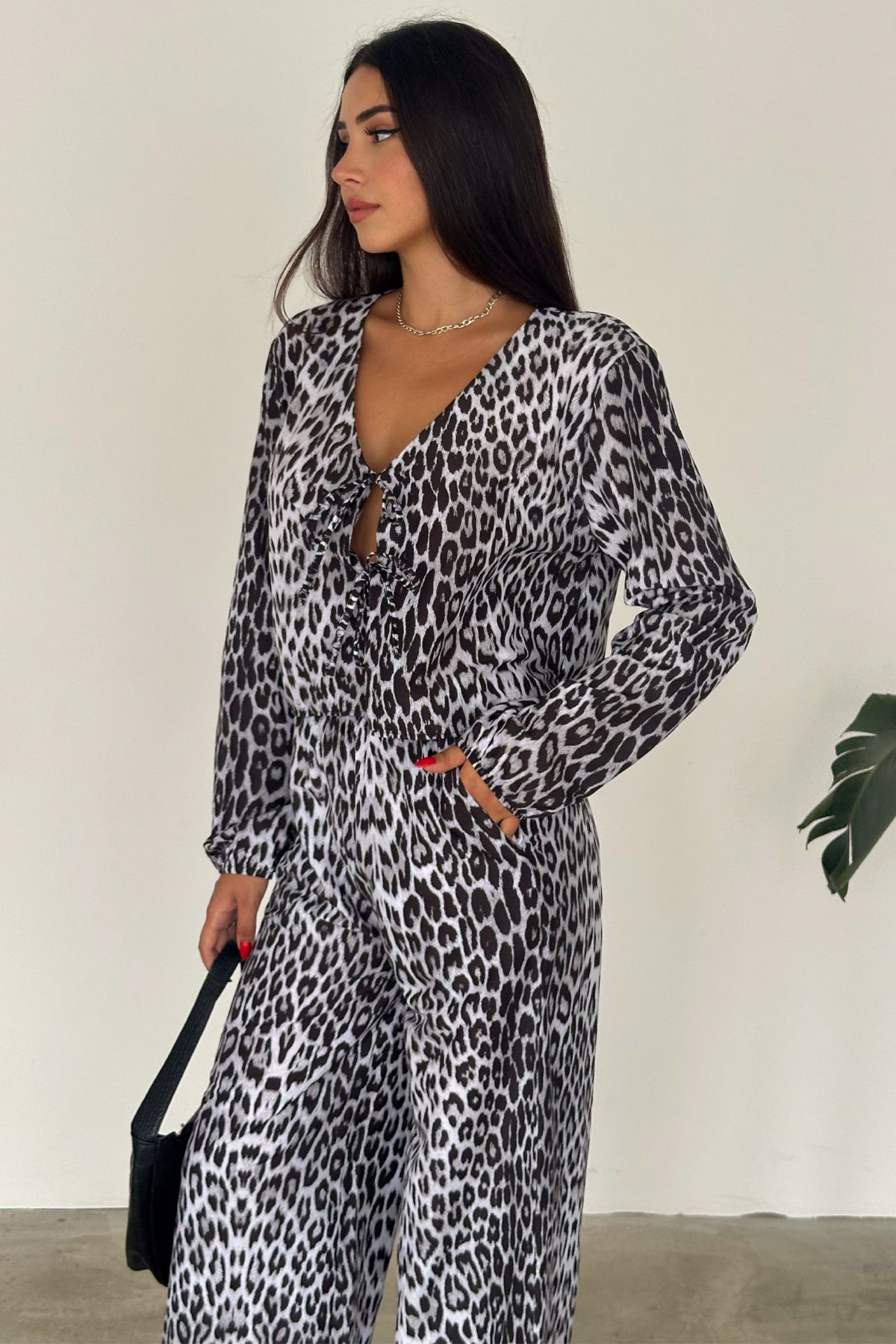 Fiolin Leopar Desenli Poplin Gömlekli Takim