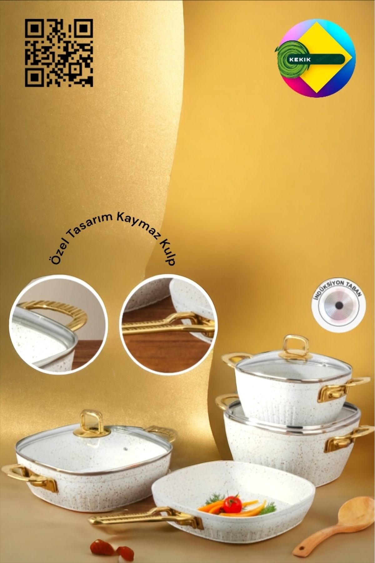 Kekikdükkan Lines/Defne 7 Parça Kare Granit Tencere Seti Altin(Gold) Kulp