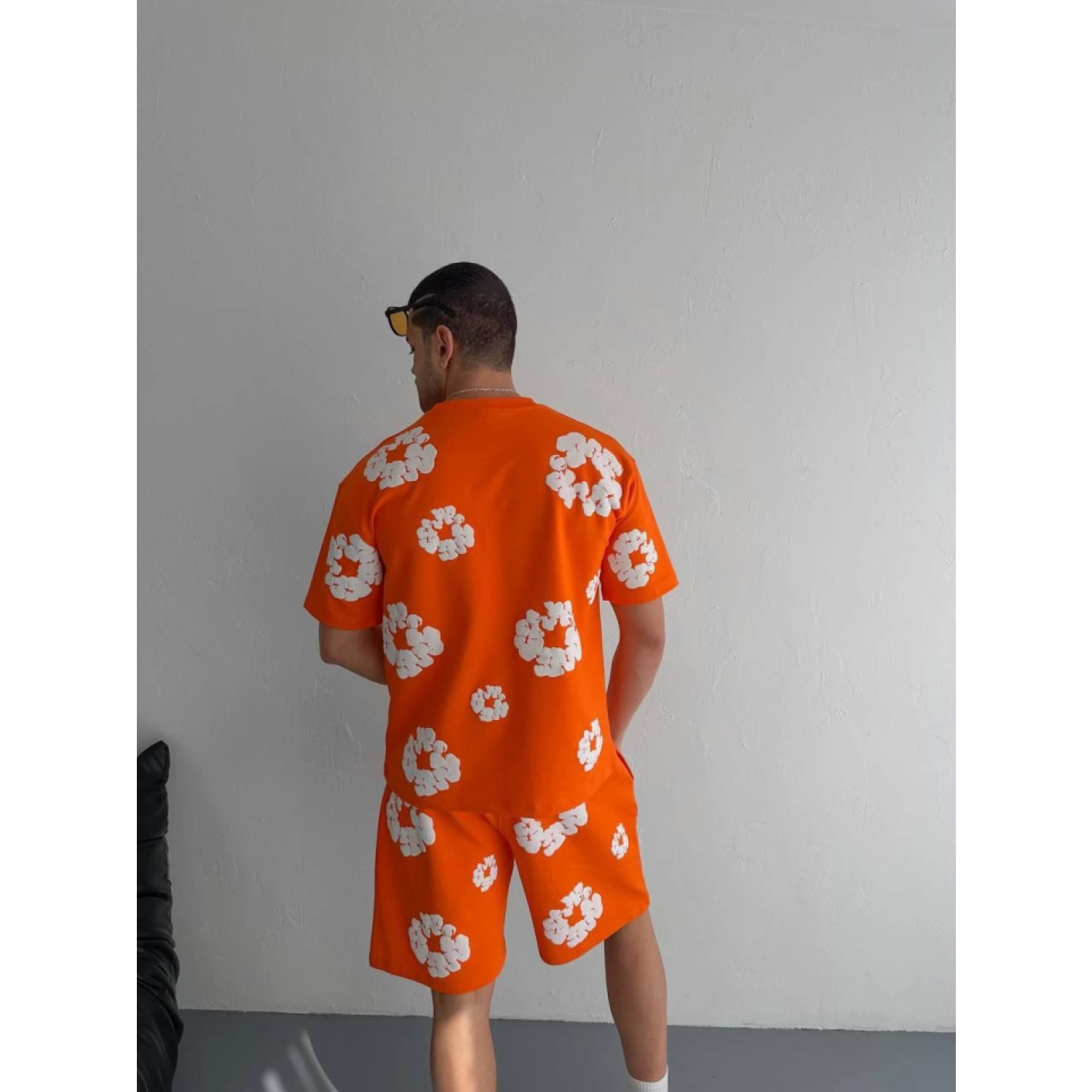 Lucky Life İki İplik Kumaş Baskılı T-shirt Şortlu Takım- Turuncu