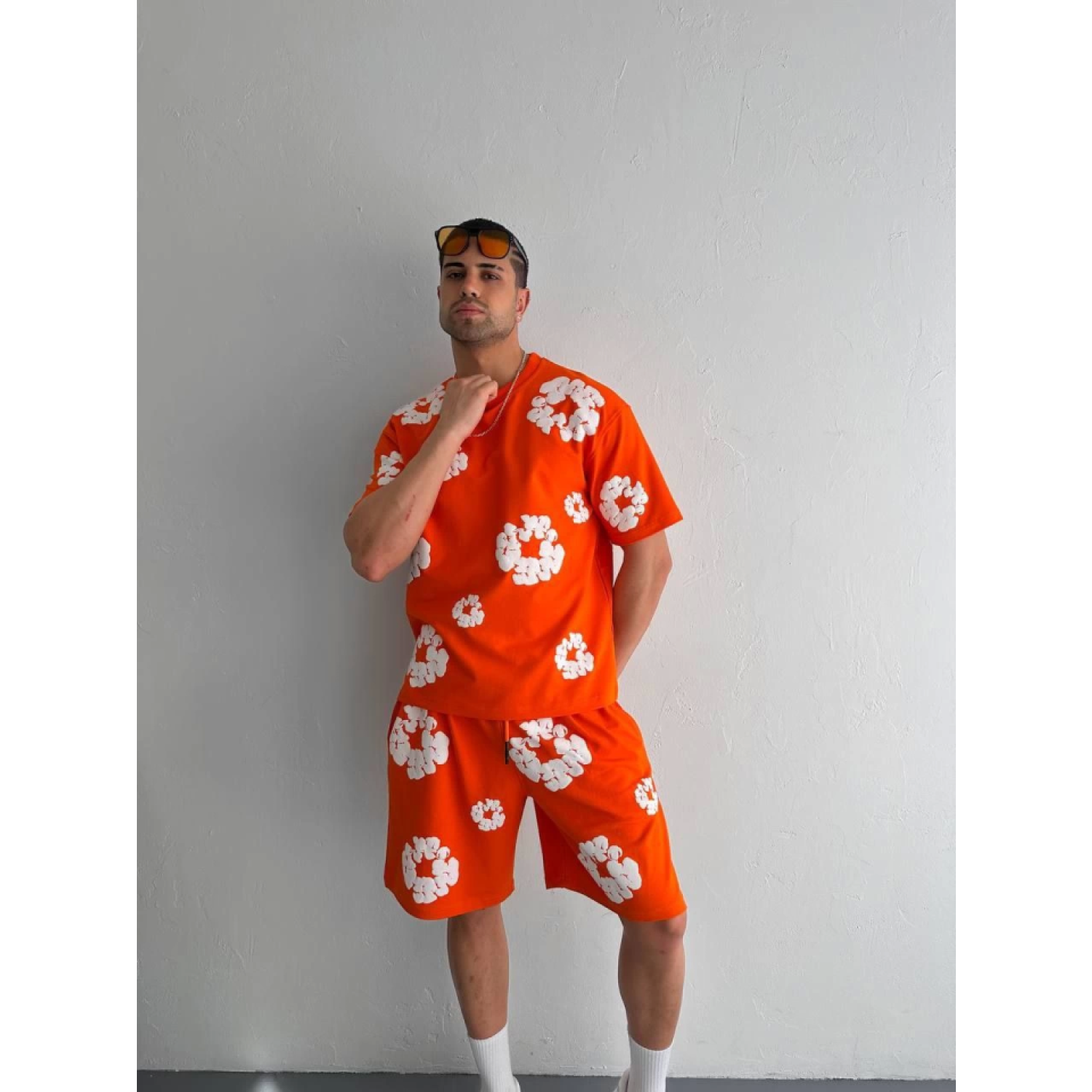 Lucky Life İki İplik Kumaş Baskılı T-shirt Şortlu Takım- Turuncu
