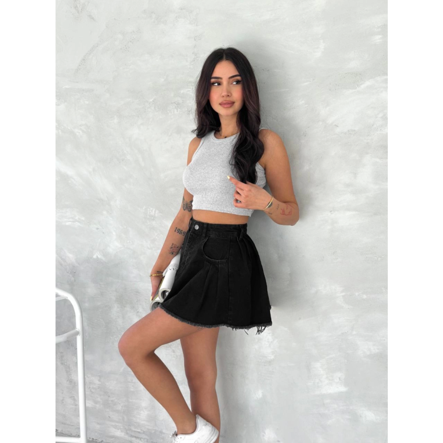 Lucky Life Kadın Şık Pileli Yazlık Mini Etekli Kot- Siyah