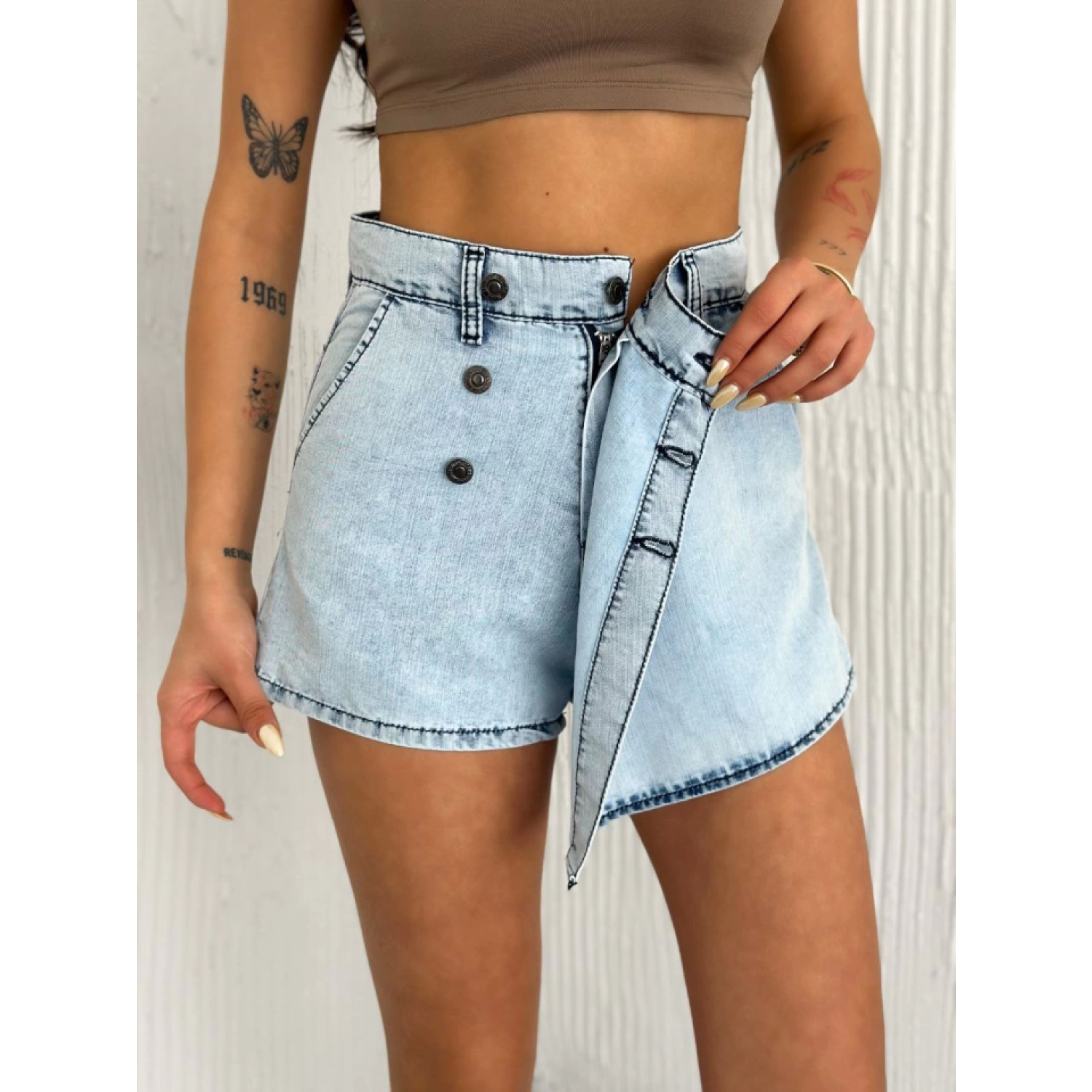 Lucky Life Kot Jeans Kesimetrik Kesim Cepli Şortlu Etek - Gri