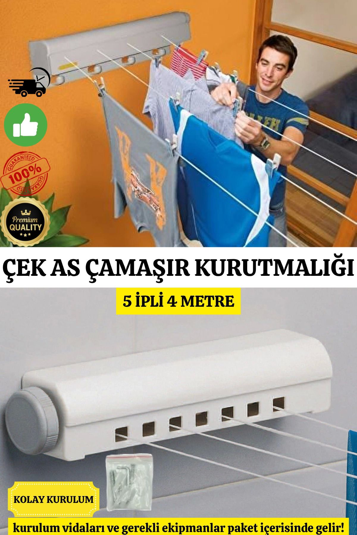 Feifei Lüx Çamaşir Kurutmalik Çek As 5 İpli 4 Metre Kolay Kurulum Açilir