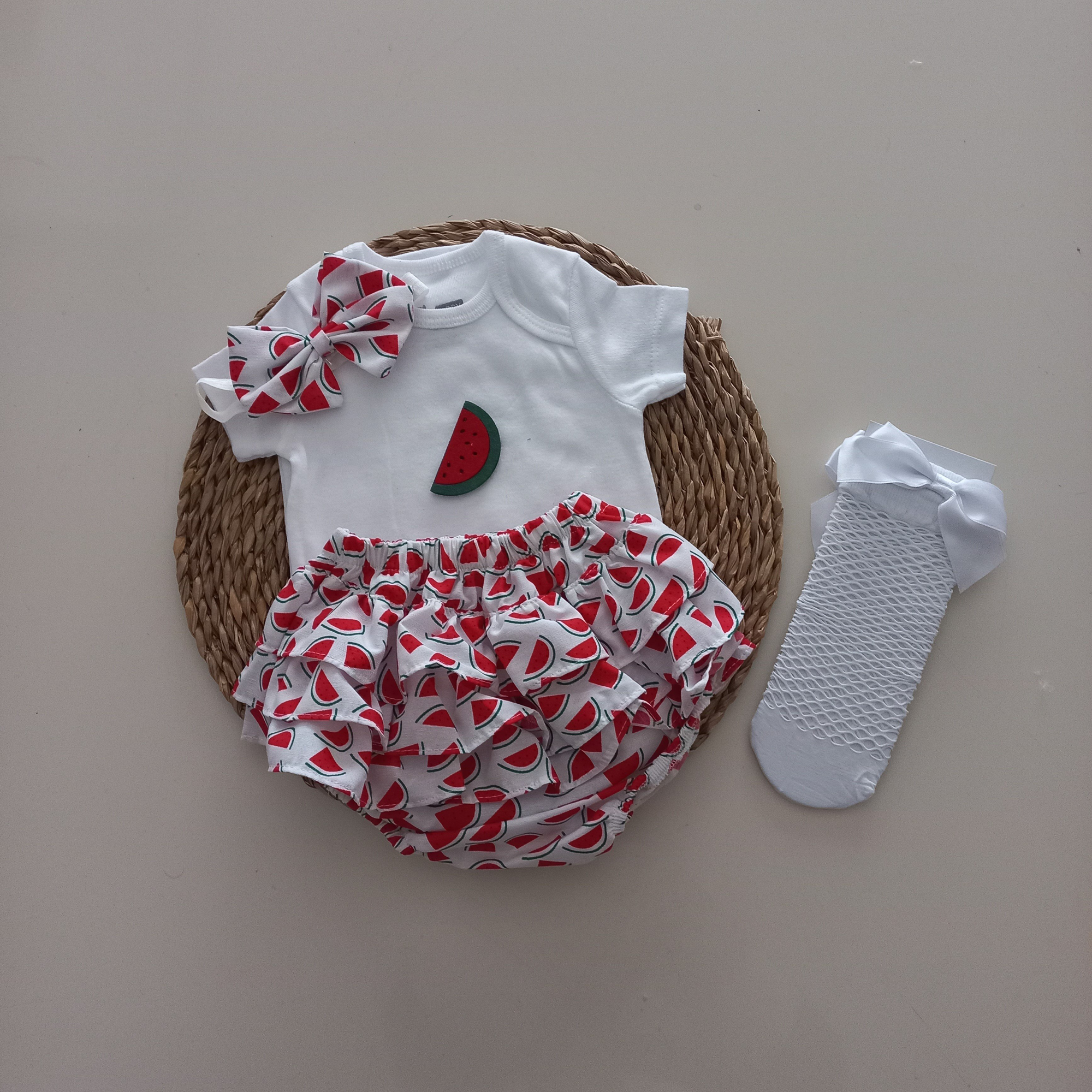 MARS BABY Kız Bebek Karpuz Fırfır Şort Etek Bodyli Beyaz File Çor