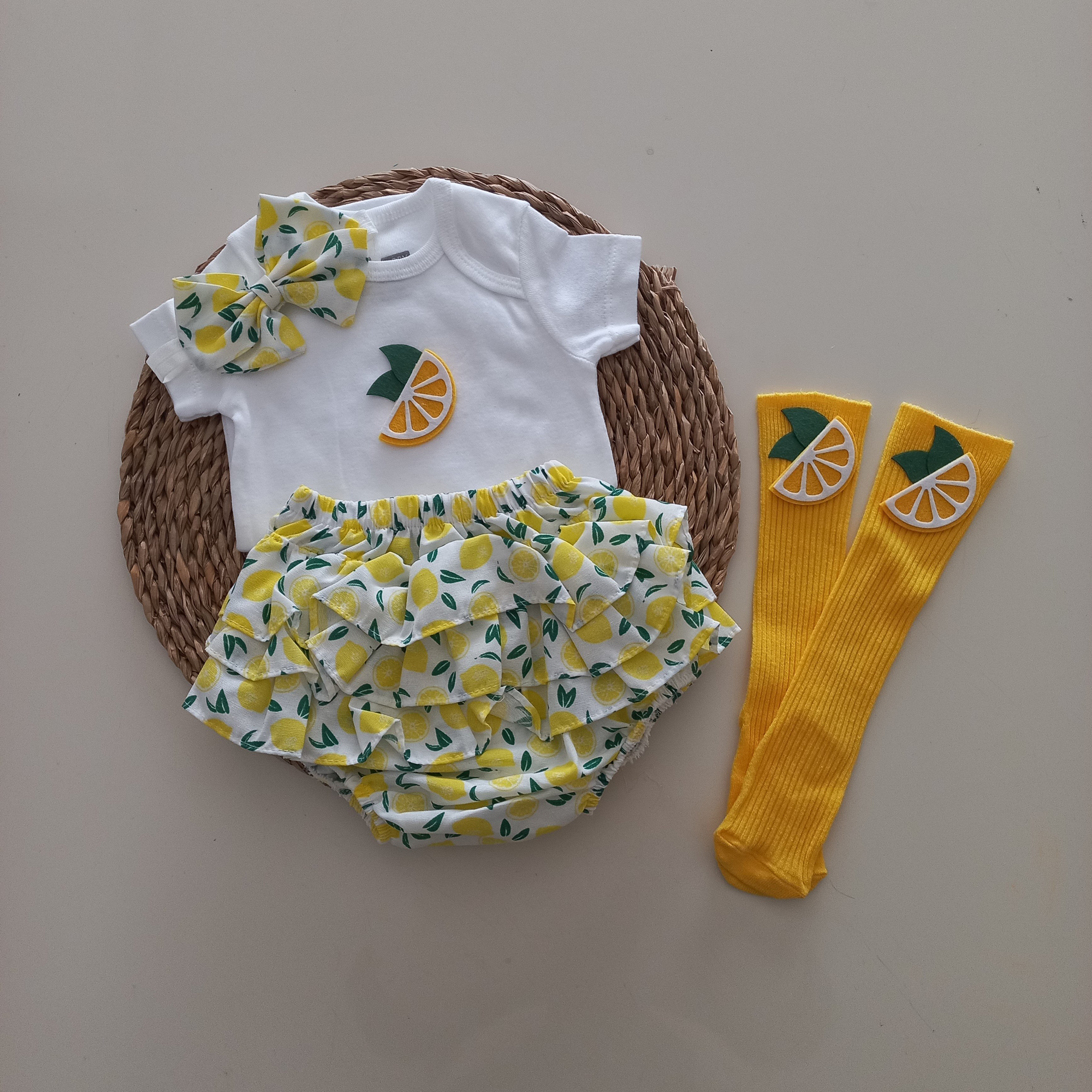 MARS BABY Kız Bebek Sarı Limonlu Fırfır Şort Etek Bodyli Çorap Ta