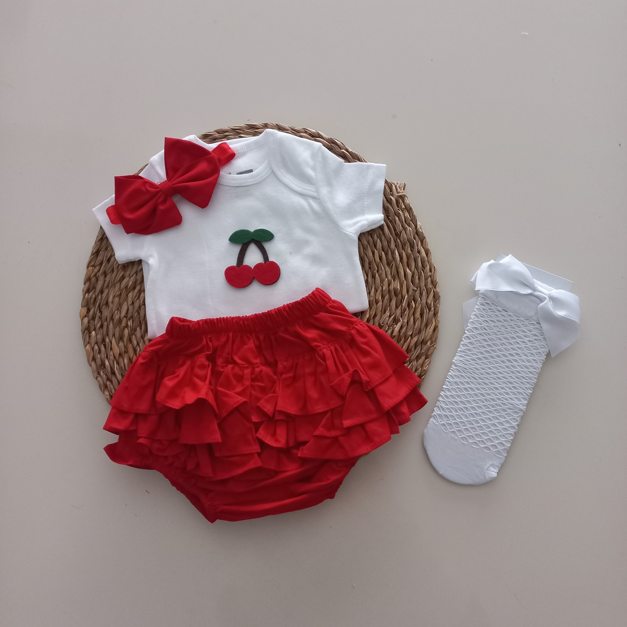 MARS BABY Kız Bebek Kırmızı Kiraz Fırfır Şort Etek Bodyli Beyaz F