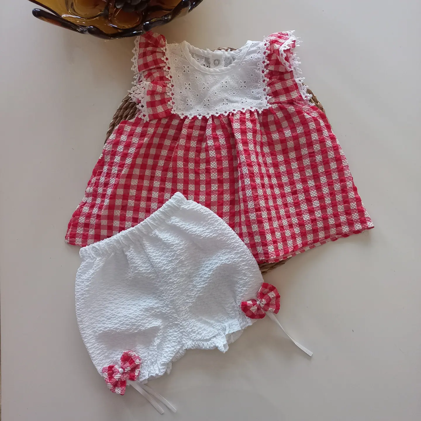 MARS BABY Kız Bebek Kırmızı Pitikareli Gofre Fisto Dantelli Bluz 