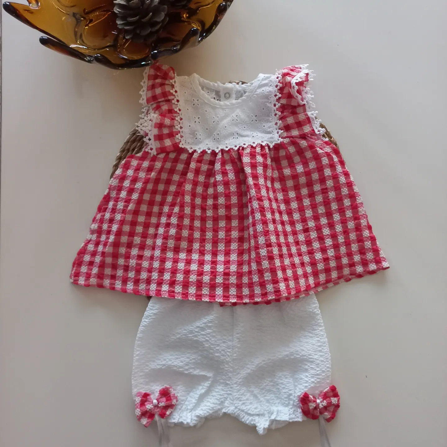 MARS BABY Kız Bebek Kırmızı Pitikareli Gofre Fisto Dantelli Bluz 