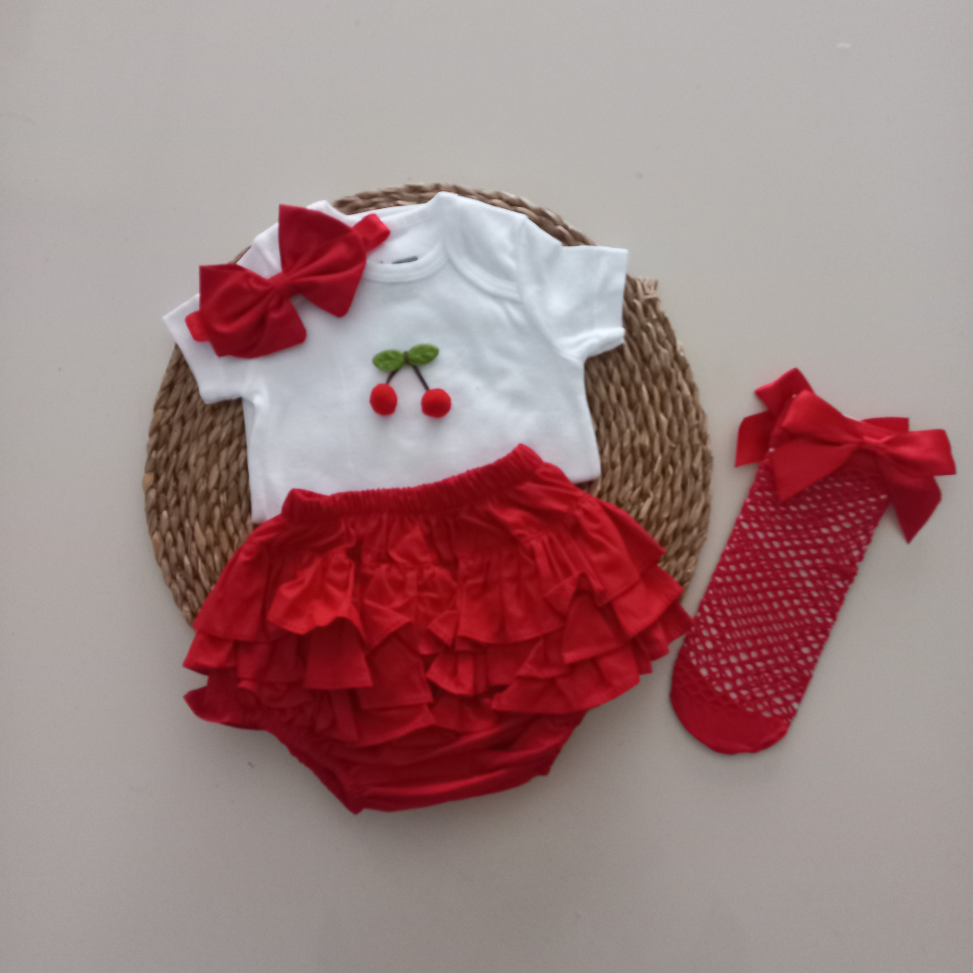 MARS BABY Kız Bebek Ponpon Kiraz Fırfır Şort Etek Bodyli Kırmızı 