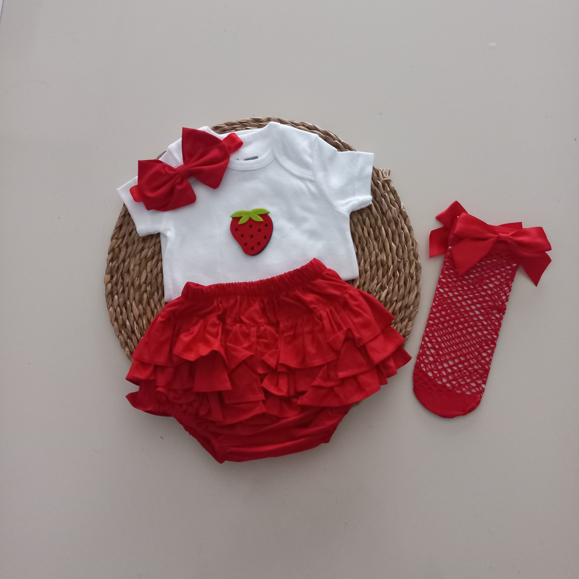 MARS BABY Kız Bebek Kırmızı Çilek Fırfır Şort Etek Bodyli Kırmızı
