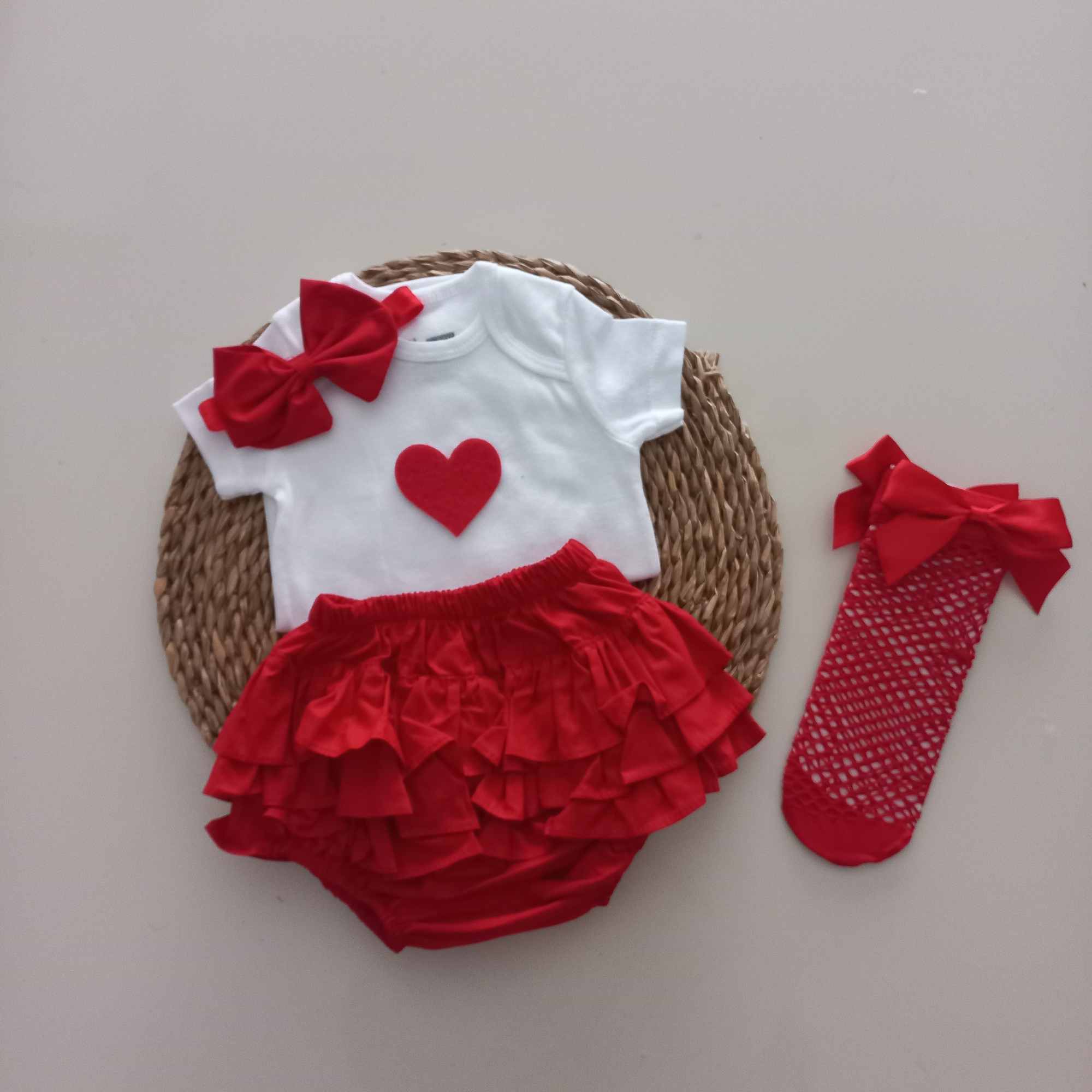 MARS BABY Kız Bebek Kırmızı Kalpli Fırfır Şort Etek Bodyli Kırmız