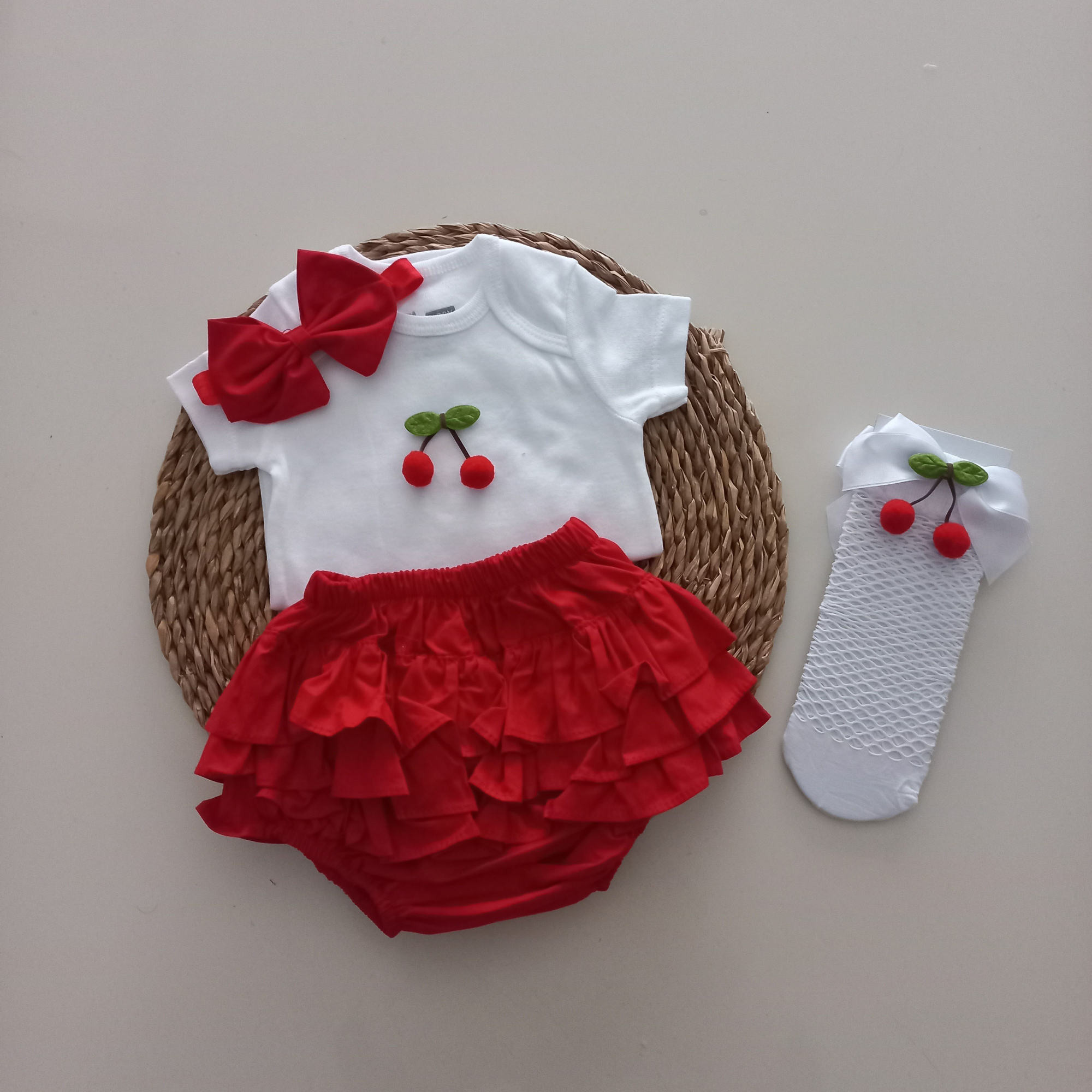 MARS BABY Kız Bebek Ponpon Kiraz Fırfır Şort Etek Bodyli Beyaz Fi