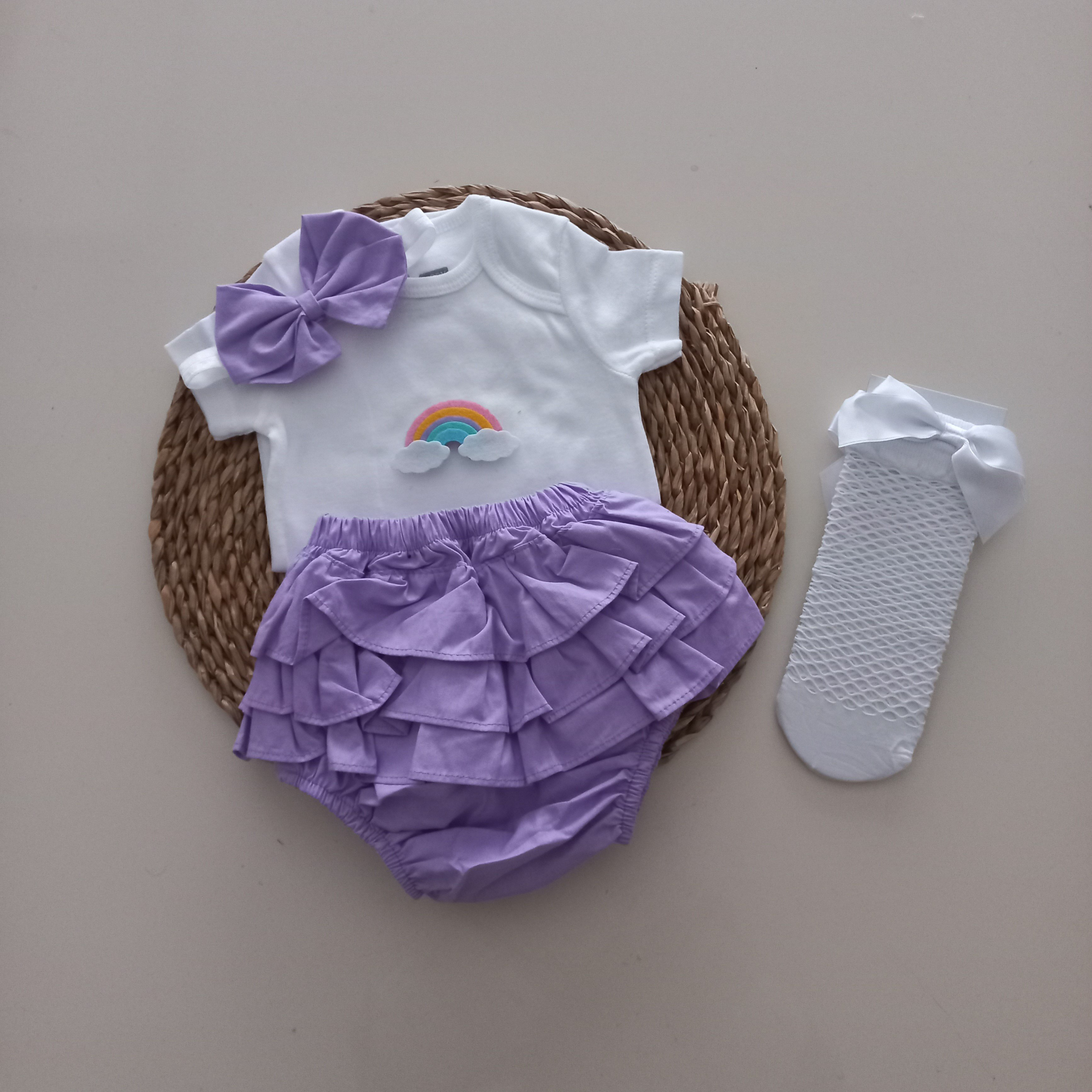 MARS BABY Kız Bebek Lila Gökkuşağı Fırfır Şort Etek Bodyli Beyaz 