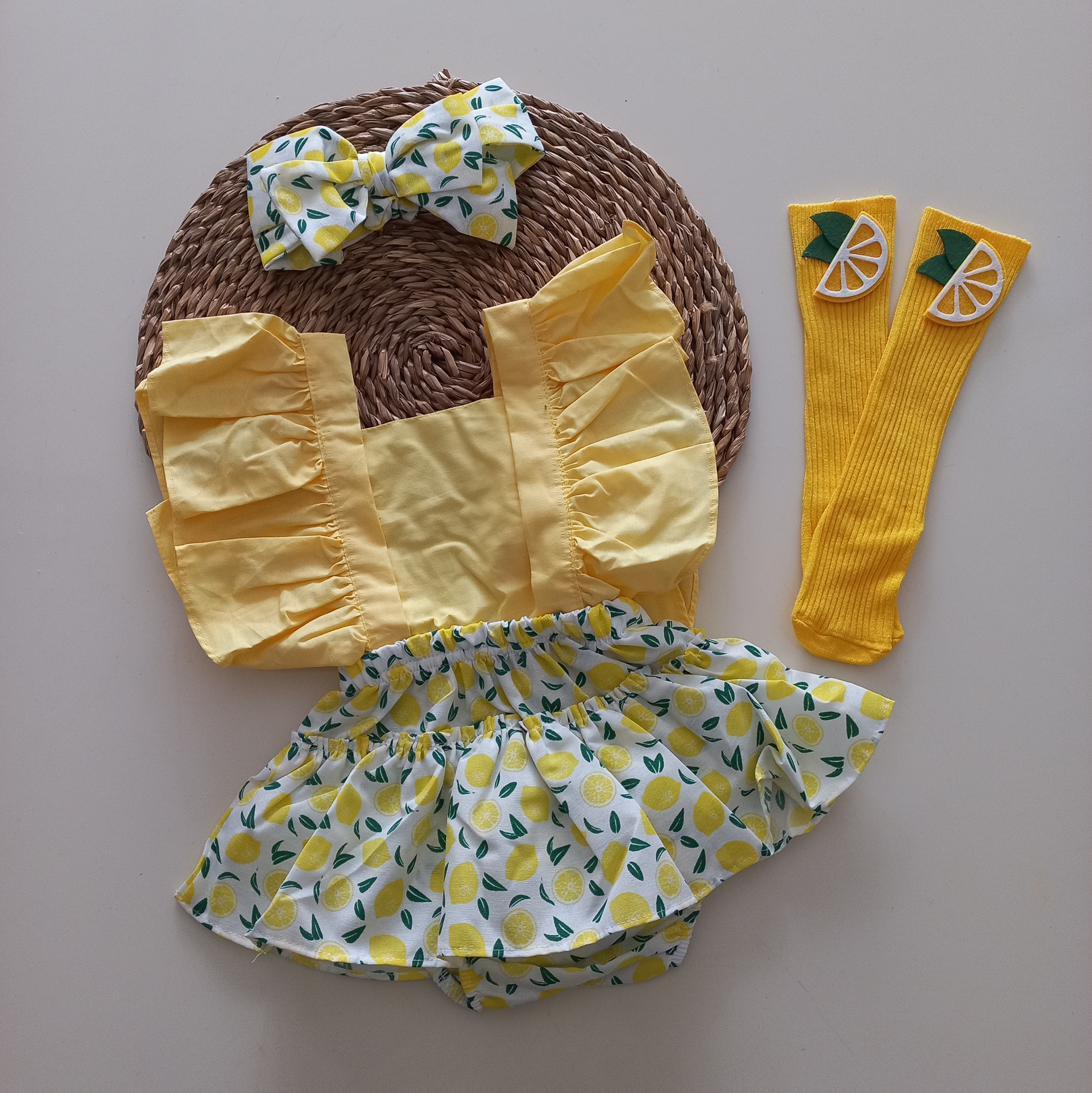 MARS BABY Kız Bebek Limon Desenli Fırfırlı Salopet Bandana Figürl