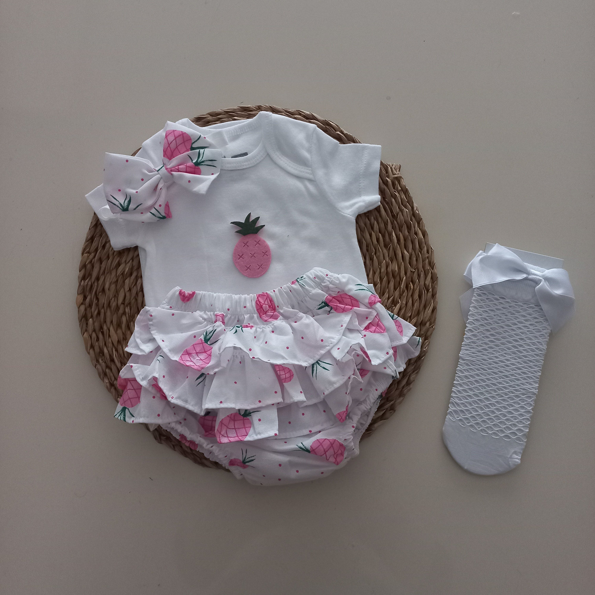 MARS BABY Kız Bebek Ananas Fırfır Şort Etek Bodyli Beyaz File Tak