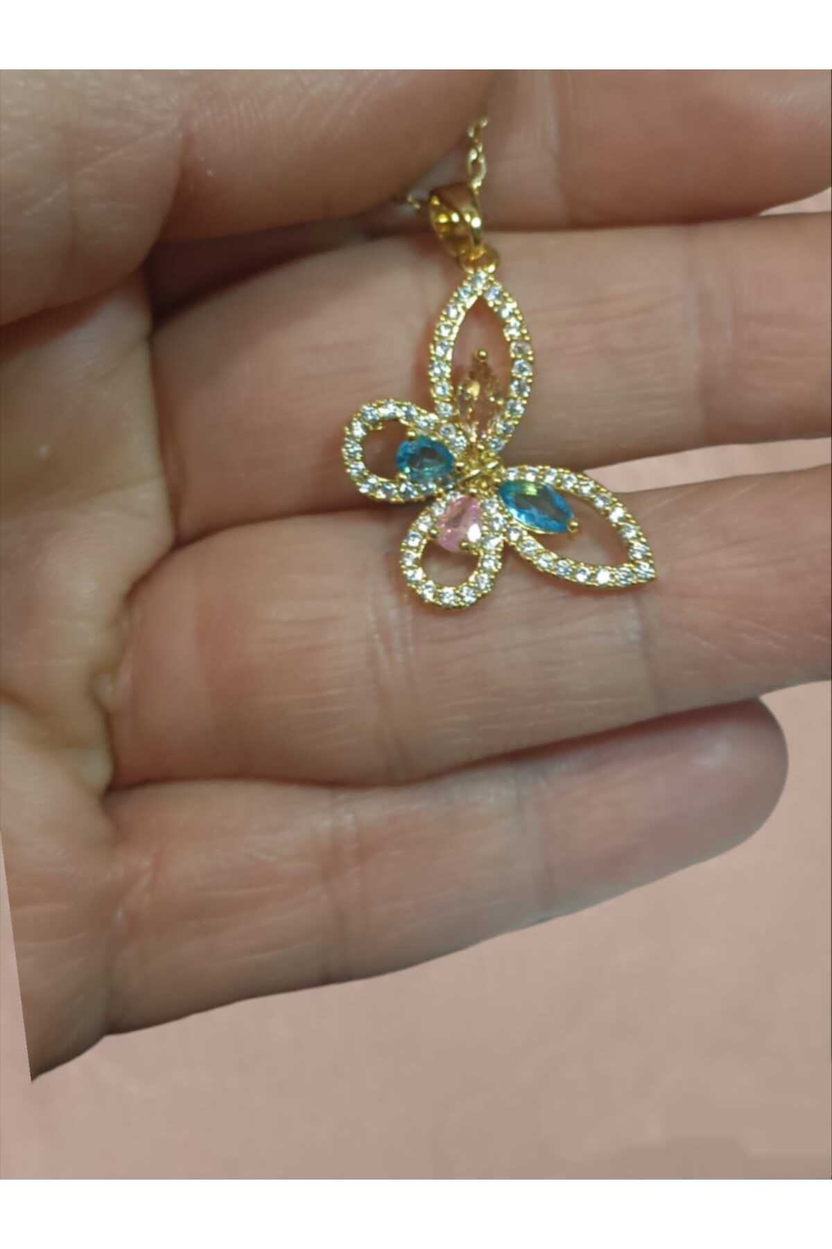 Dodemert Home Mavi Zirkon Taşli Kelebek Gold Çelik Kolye